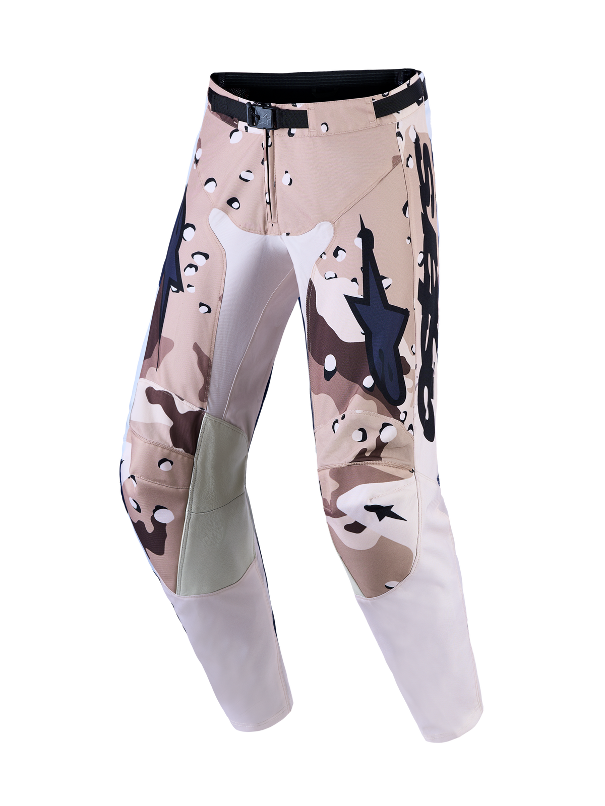 Alpinestars Racer Lone motocrossbroek, bruin en beige camouflage, lederen kniebescherming voor off-road rijden.