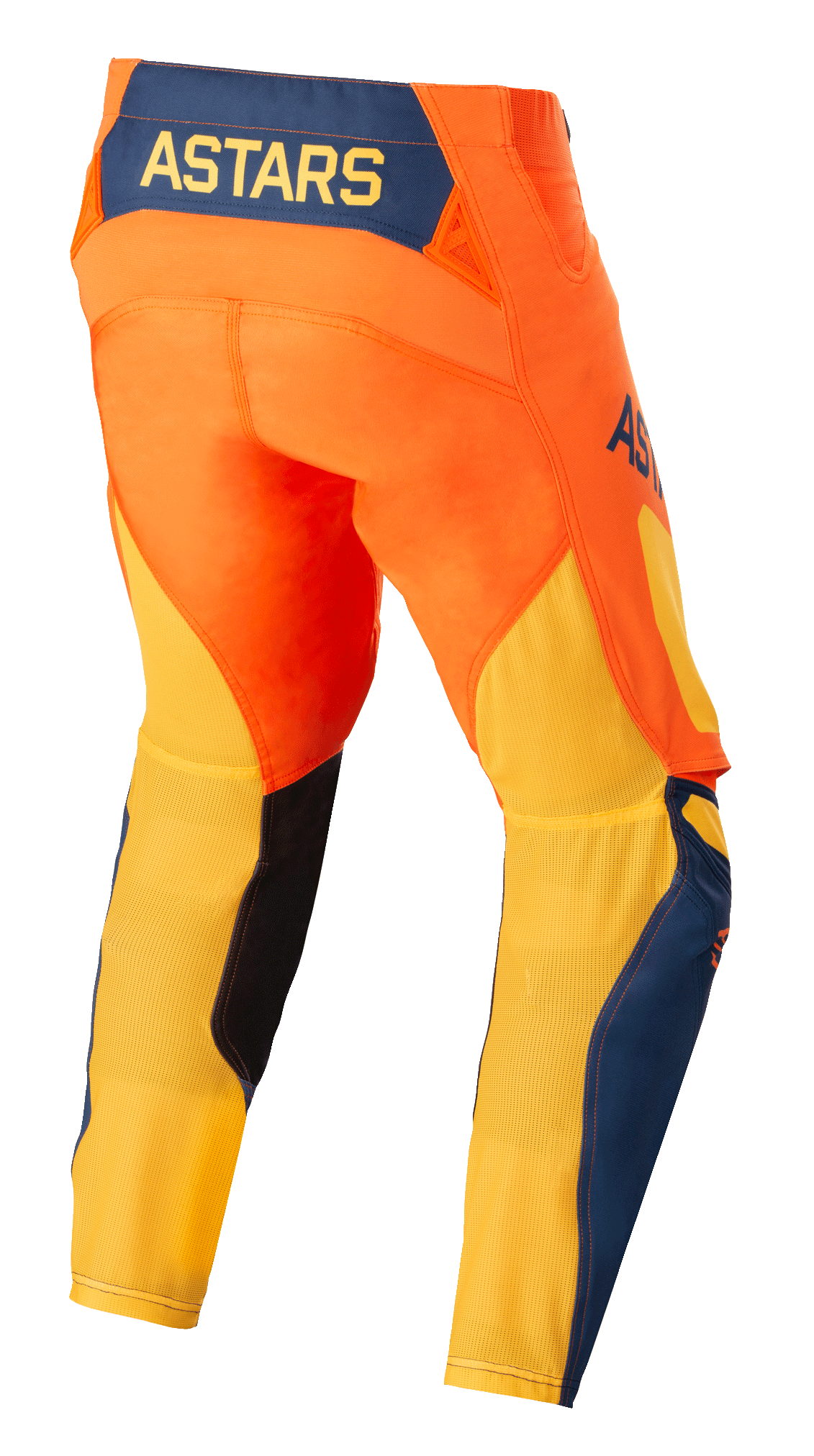 Pantalon Alpinestars Techstar Factory, pantalon de motocross, orange, bleu foncé et jaune chaud, vue arrière présentant le logo ASTARS jaune sur un panneau arrière bleu foncé, châssis orange vif avec mesh jaune respirant sur le bas des jambes et accents bleus