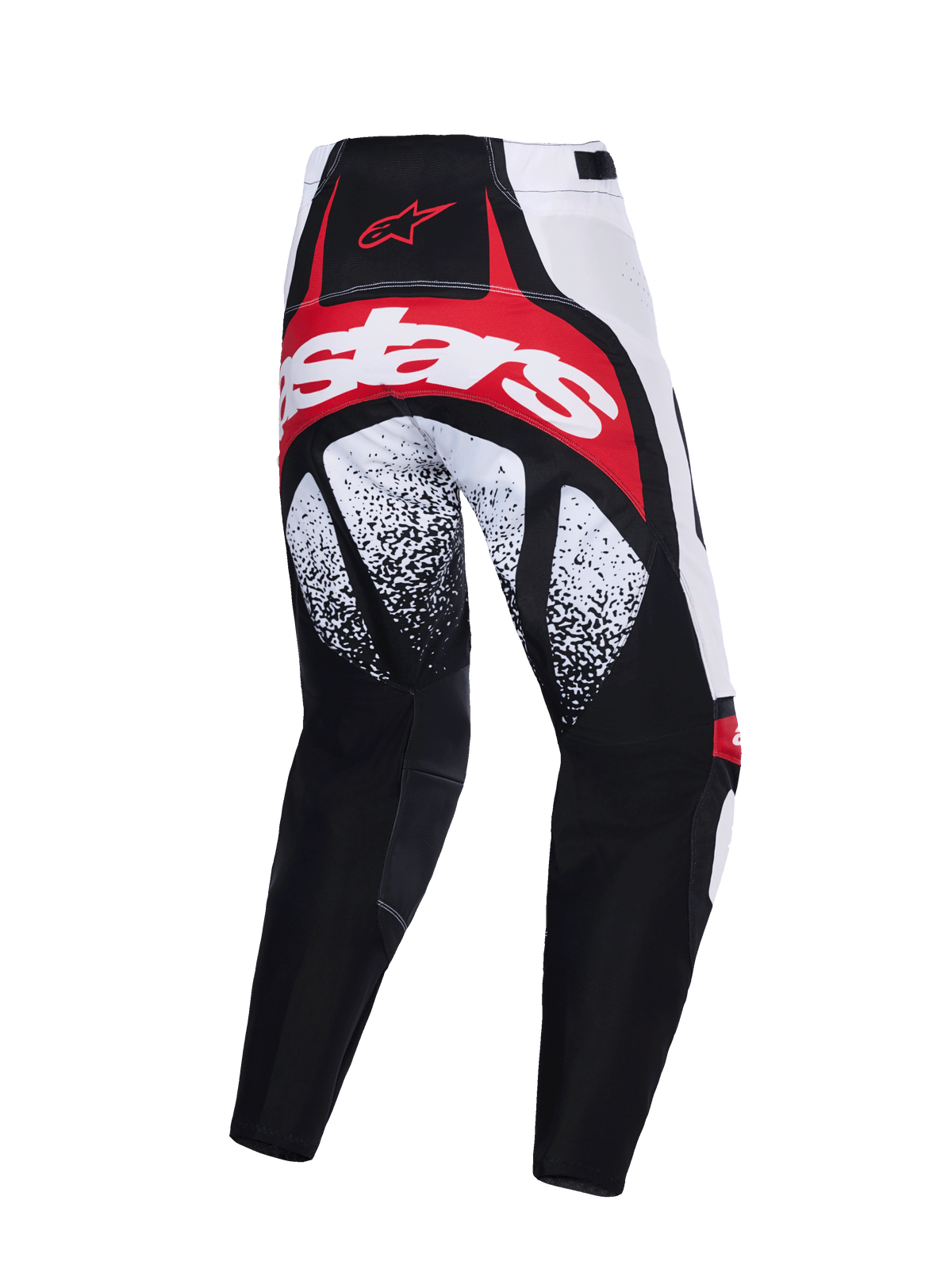Alpinestars 2026 Techstar Nomur Hose, Motocross-Hose, Schwarz, Weiß und Rot, Rückansicht mit markantem rotem und weißem Branding auf dem Gesäß, schwarz-weiß gesprenkelten Mustern an den Oberschenkeln und Performance-Konstruktion aus mehreren Paneelen.