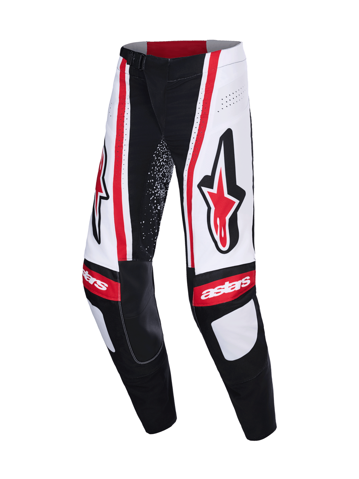 Alpinestars 2026 Techstar Nomur Hose, Motocross-Hose, Schwarz, Weiß und Rot, mit großen roten Astars-Logos an den Oberschenkeln, weißen Paneelen mit vertikalen roten Streifen und „astars“-Branding an den Knien.