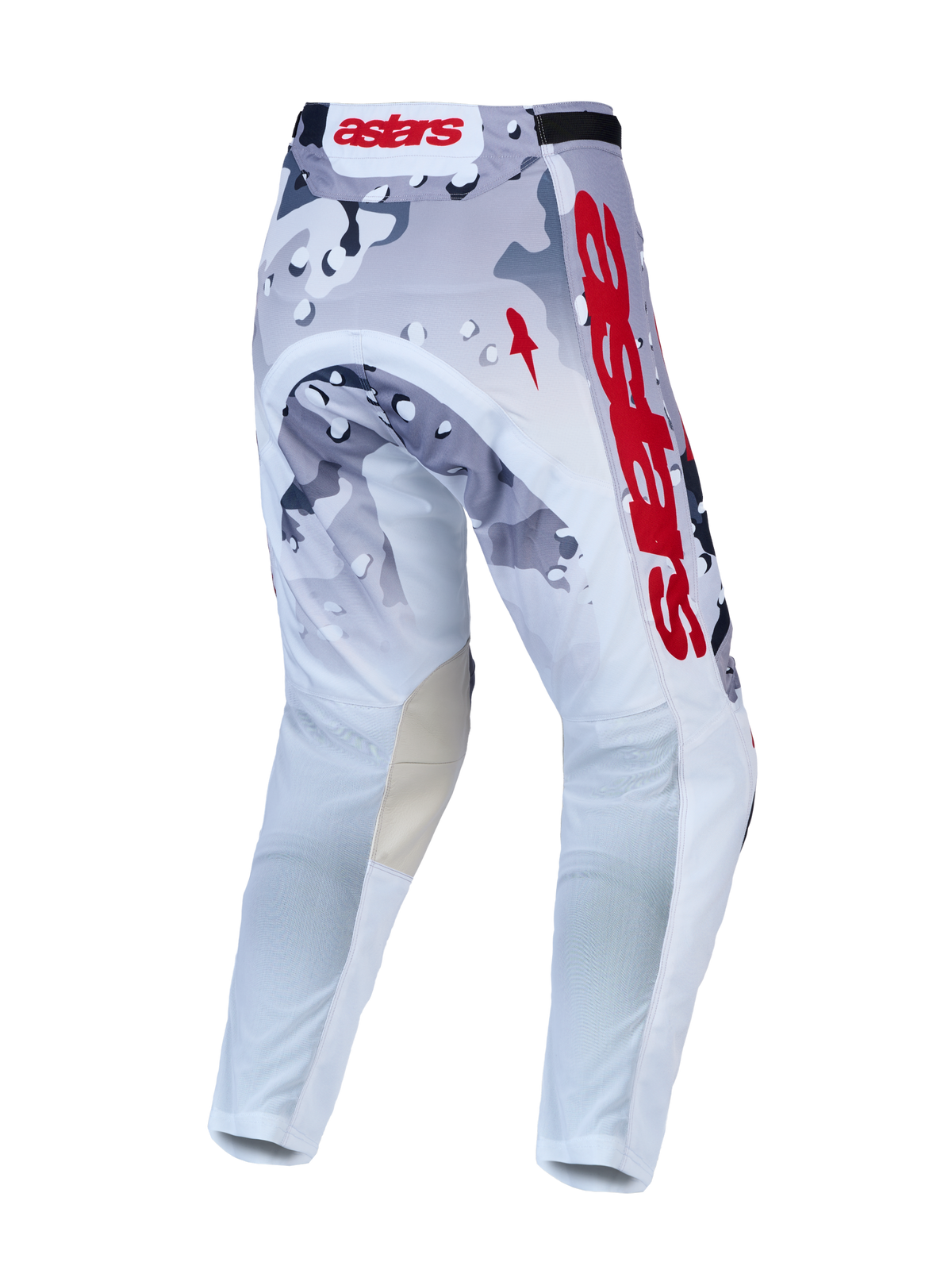Alpinestars Racer Air Lone, pantalon de motocross ventilé, motif camouflage gris et blanc, logos rouges, vue arrière.