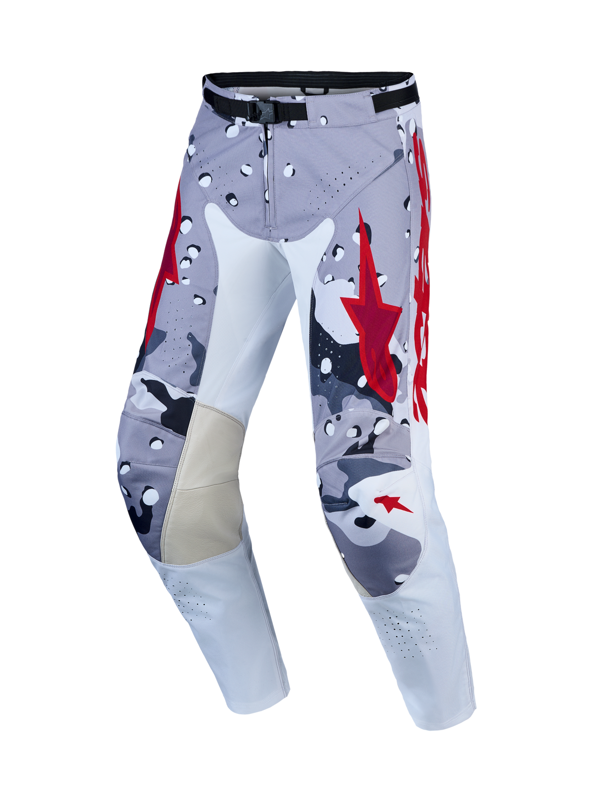 Pantalon de motocross Alpinestars Racer Air Lone, gris et rouge, construction ventilée et coupe pré-courbée ergonomique.