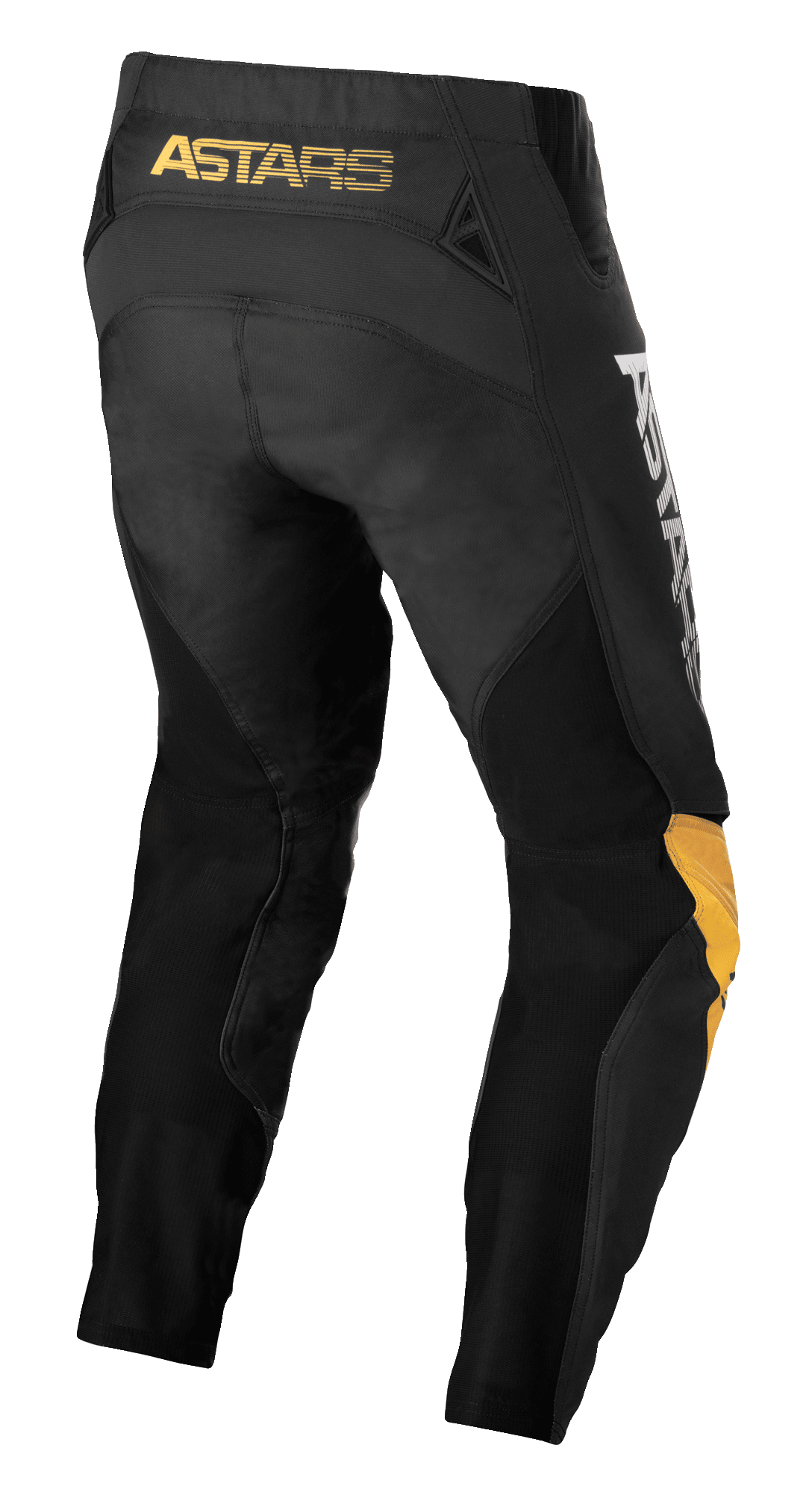 Alpinestars Techstar Quadro Pants, pantalon de motocross, noir, jaune et mandarine, vue arrière avec logo 'ASTARS' jaune à la taille, inserts en maille noire pour la ventilation et panneaux de genoux ergonomiques jaunes et mandarine pour la durabilité en tout-terrain.