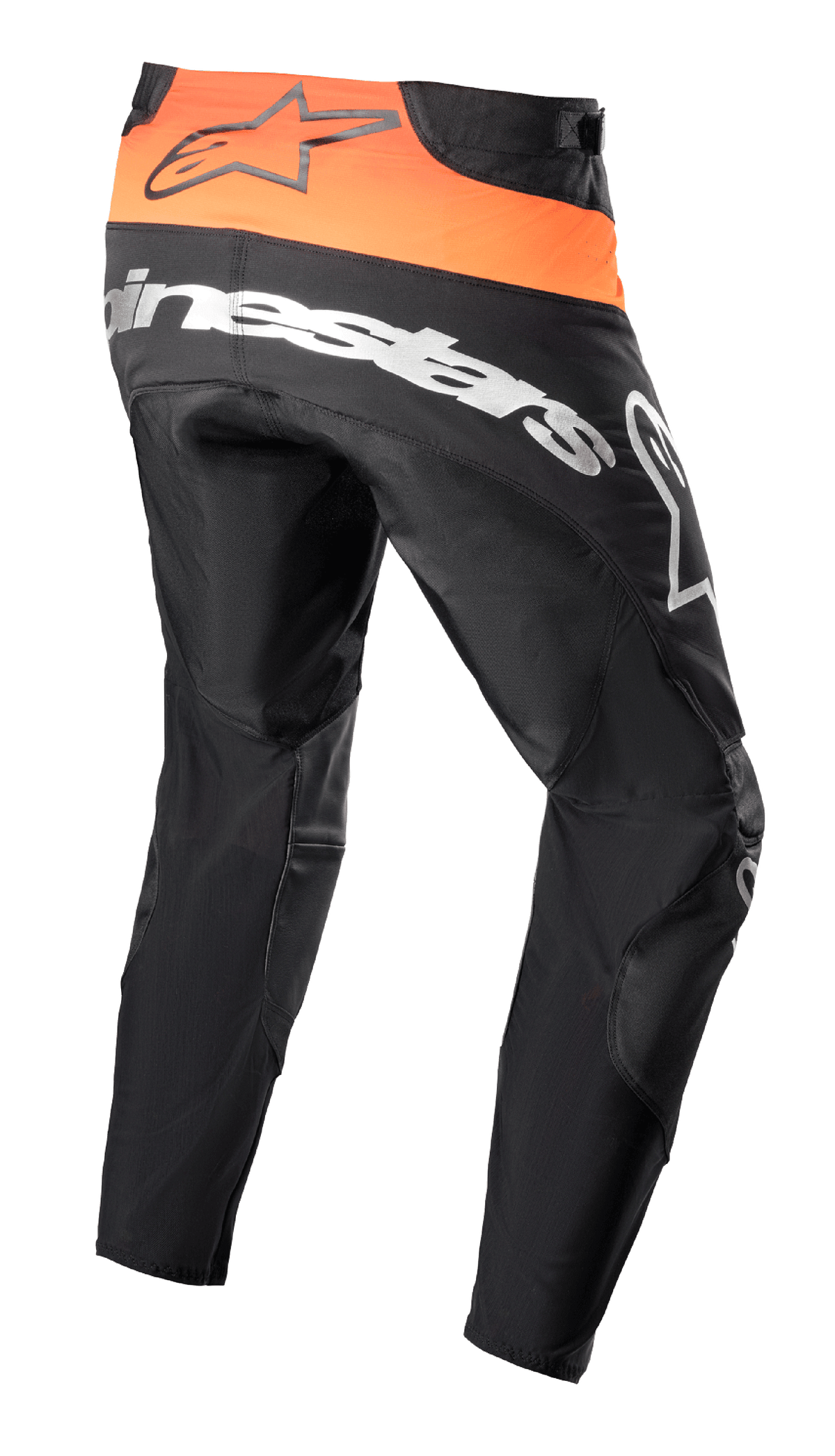 Alpinestars 2023 Techstar Sein Pants, Motocross Pants, Black and Hot Orange, rear view showing bright orange waist panel with black logo, large white Alpinestars branding across the seat, and reinforced textile construction for off-road racing.