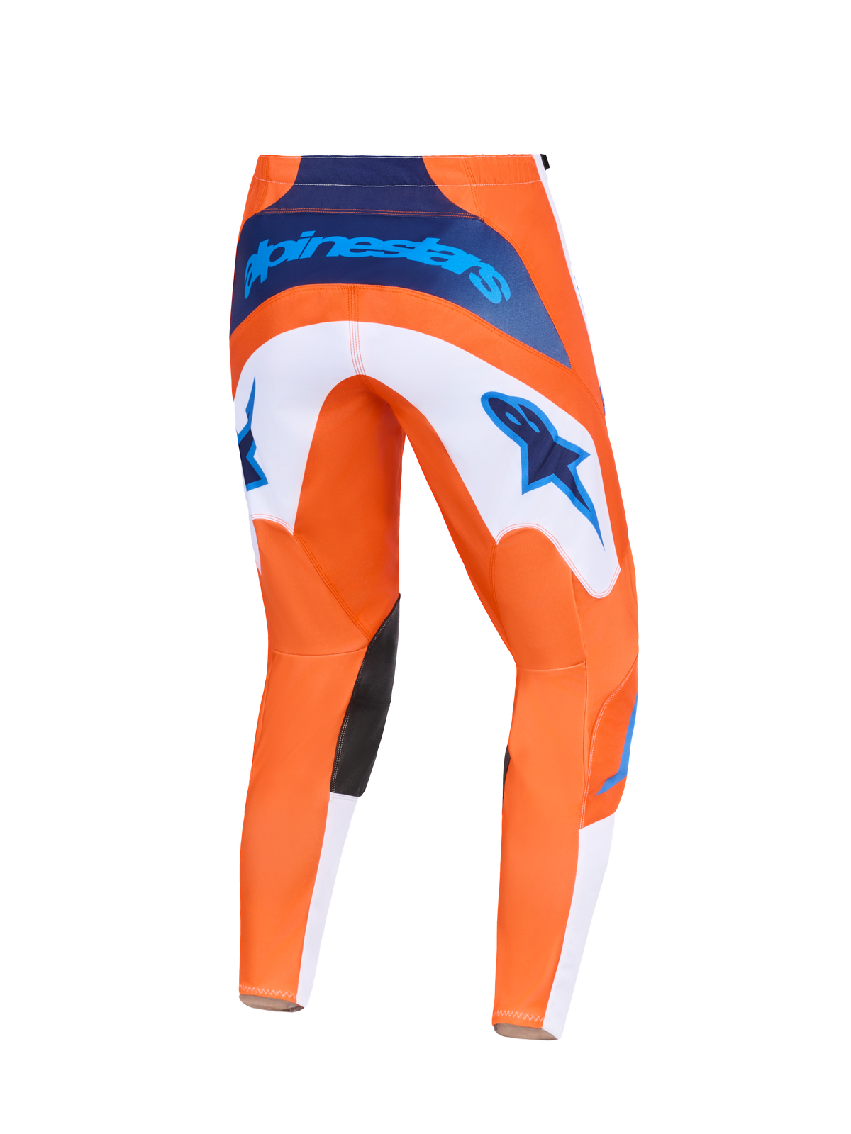 Alpinestars 2026 Fluid Grid Pants, pantalon de motocross, orange et bleu UCLA, vue arrière avec empiècements blancs et logos étoilés bleus, marquage bleu marine à la taille et renforts noirs à l'intérieur des genoux, conception durable pour la course tout-terrain