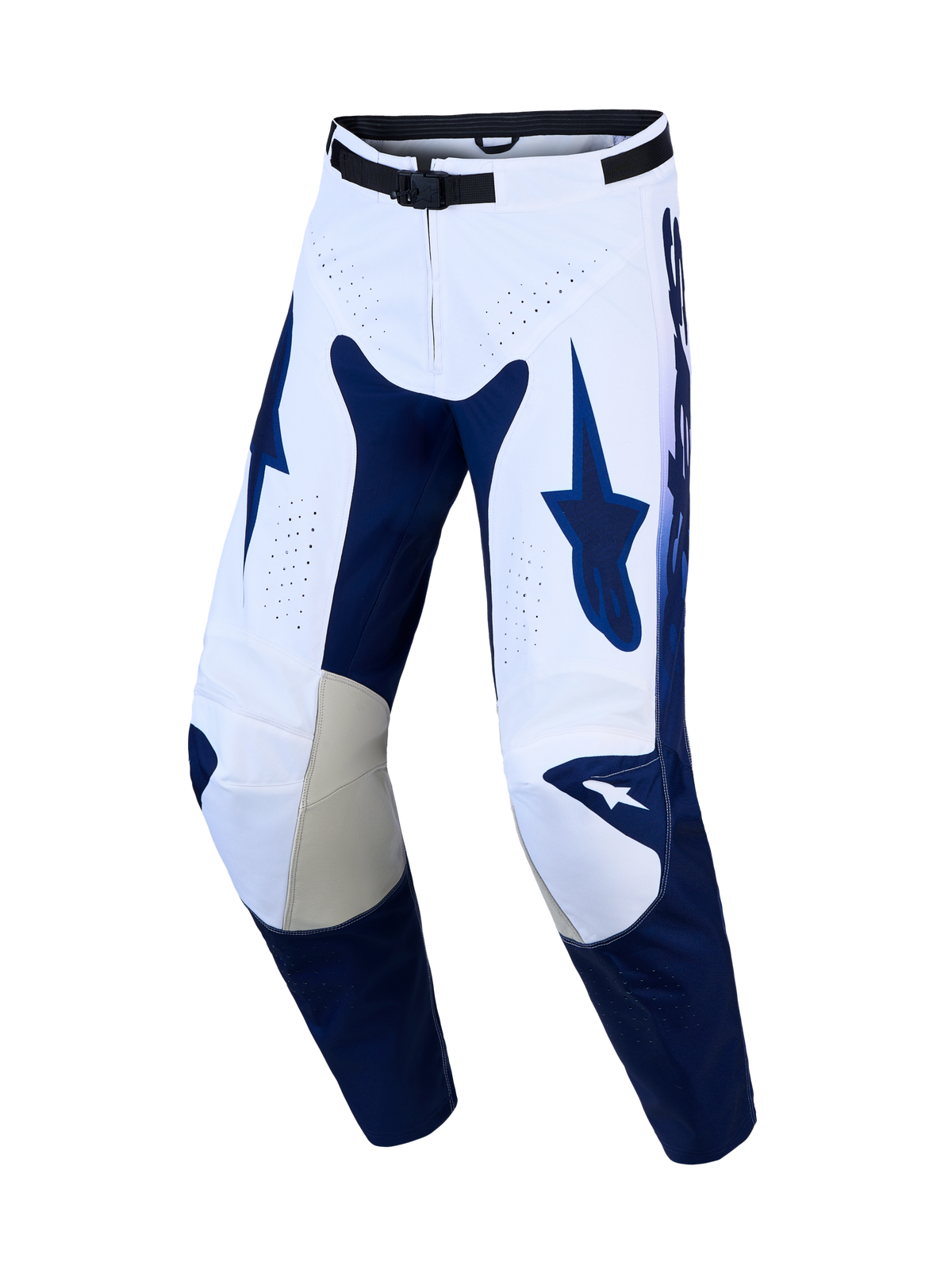Alpinestars Racer Air Amber, pantalon de motocross homme, bleu marine et blanc, ventilations perforées et genoux en cuir.