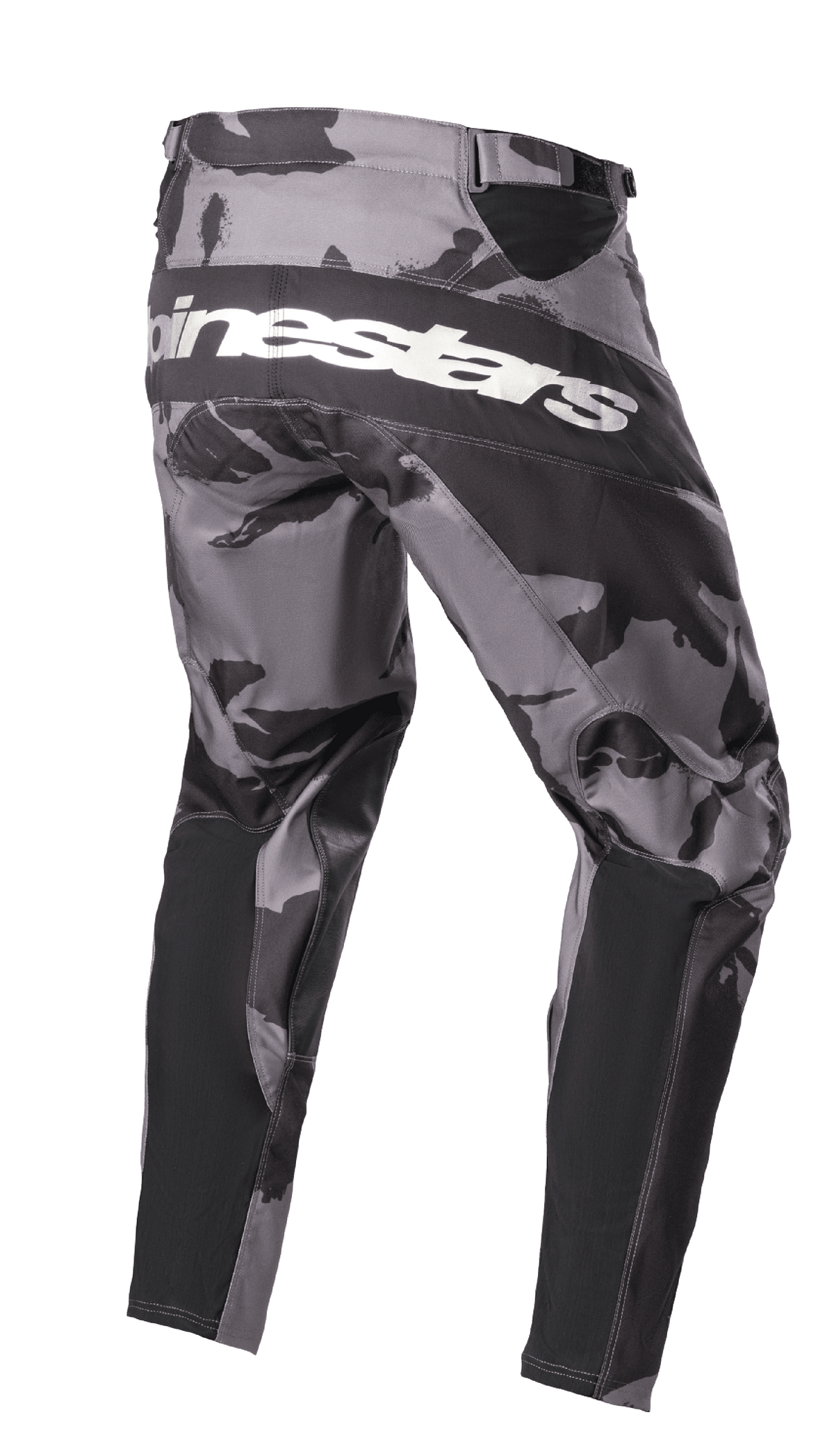 Pantalon Alpinestars Racer Tactical 2023, pantalon de motocross, camouflage gris et noir Iron Camo, vue arrière avec marquage Alpinestars blanc sur l'assise, panneaux renforcés noirs et zones extensibles techniques pour la conduite tout-terrain