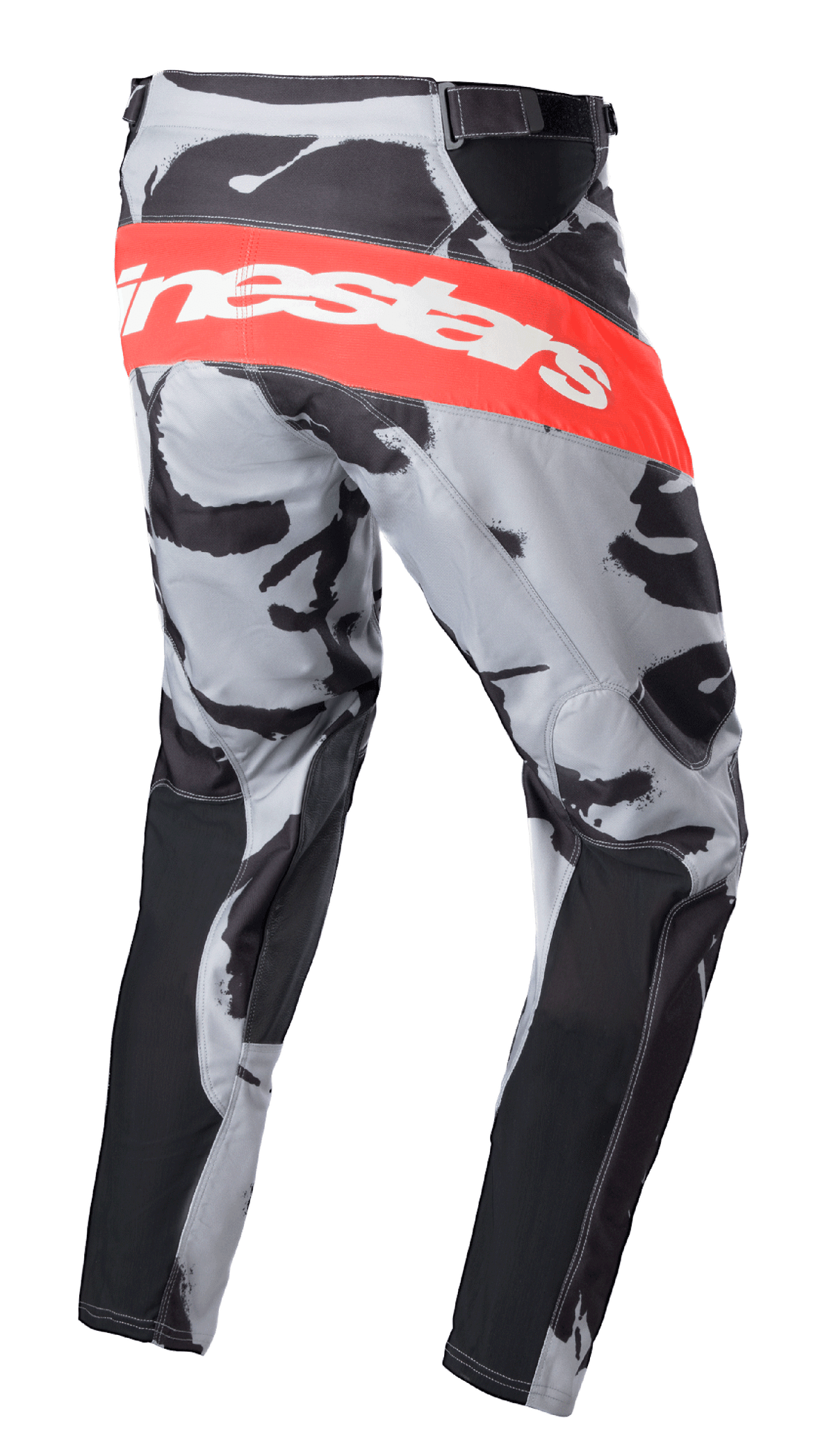 Alpinestars 2023 Racer Tactical Pants, Motocross Pants, Cast Gray Camo and Mars Red, large red horizontal band with white Alpinestars logo on the rear, camouflage pattern with black panels, sporty design for dirt bike racing