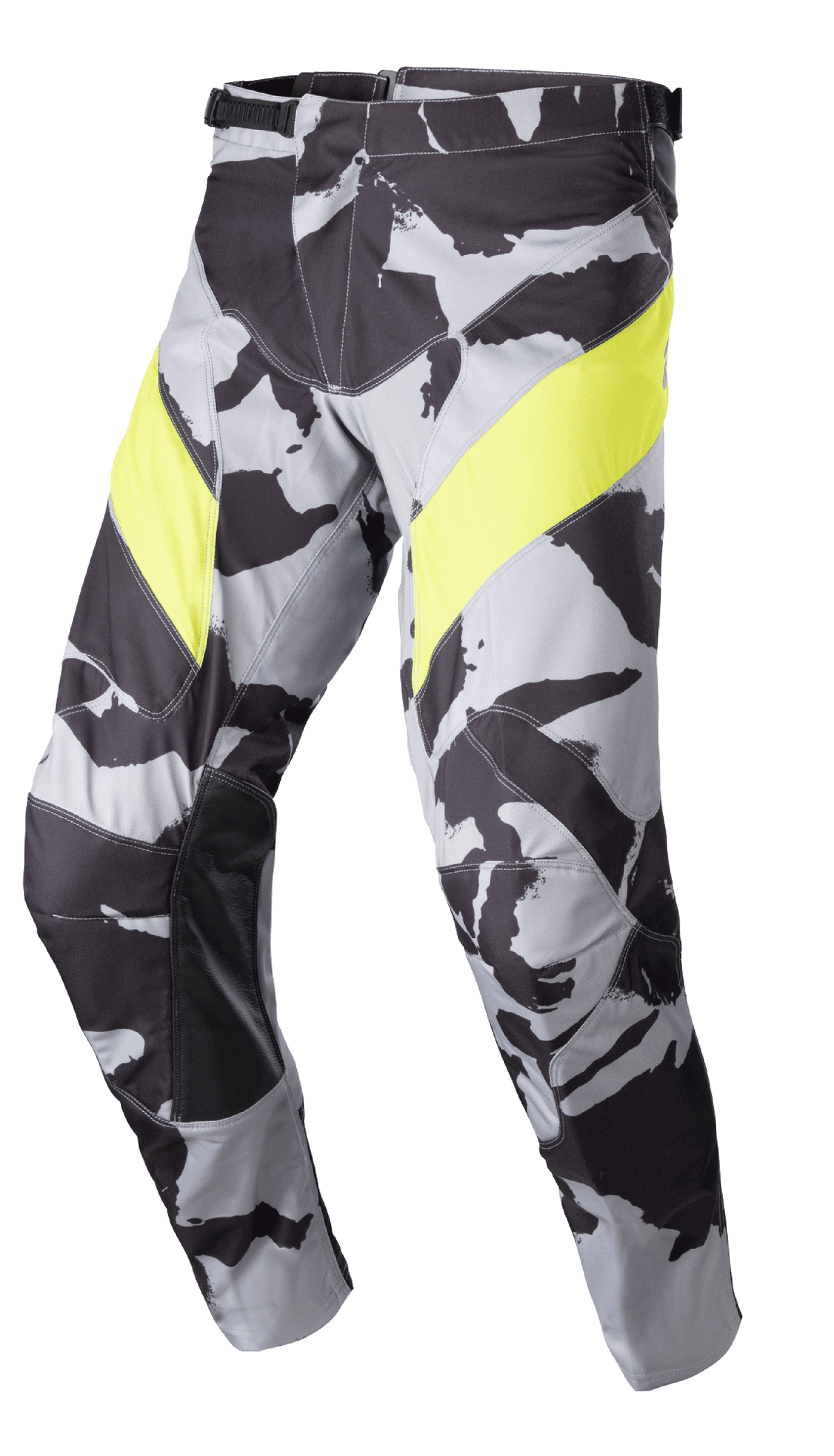 Alpinestars 2023 Racer Tactical Pants, motorcrossbroek, Cast Gray Camo en Yellow Fluo, met een grijs camouflagepatroon met opvallende gele dijbeenpanelen, zwart leren knieverstevigingen aan de binnenzijde en een ratelsluiting in de taille voor off-road racen
