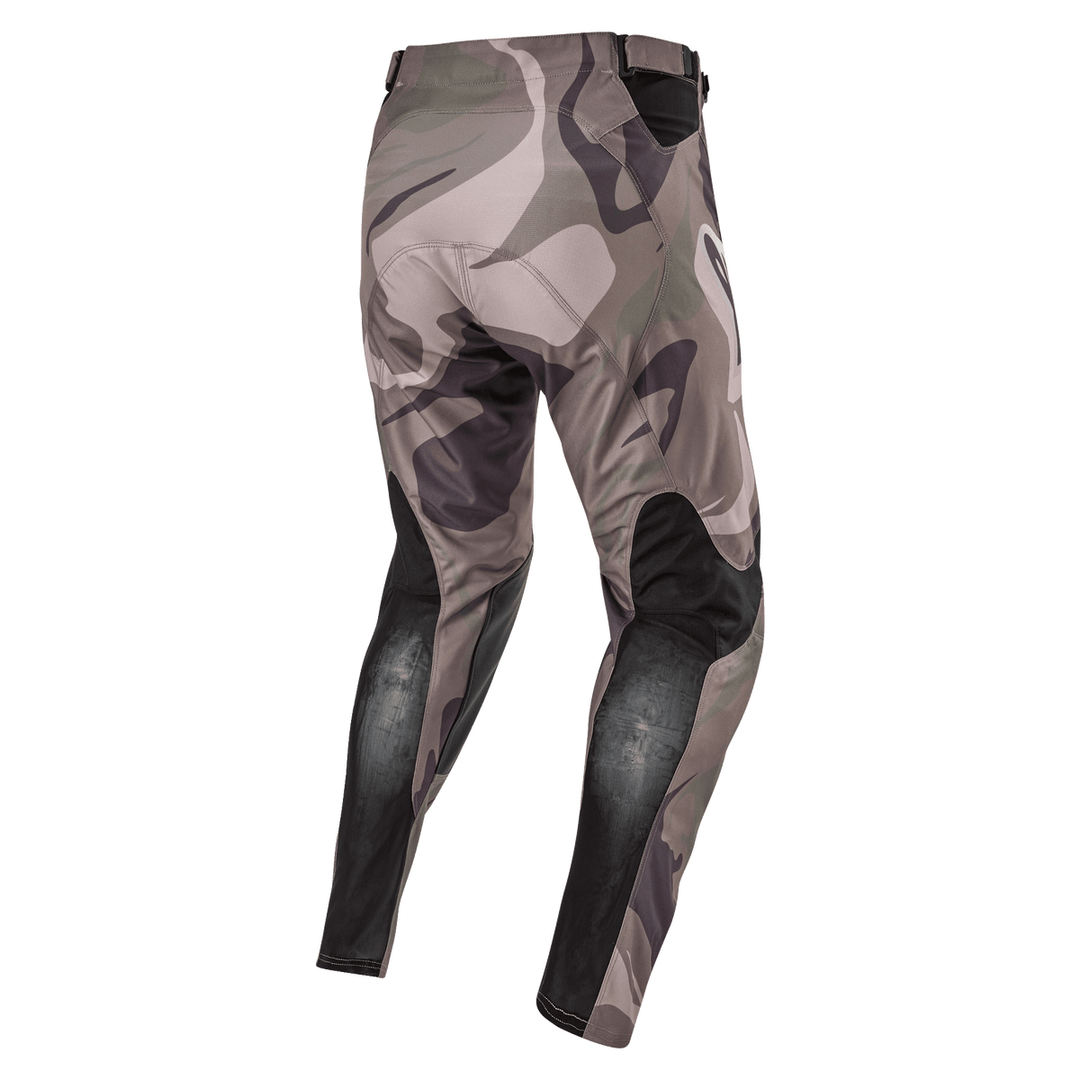 Alpinestars 2024 Racer Tactical broek, motorcrossbroek, Military Green Camo Brown, achteraanzicht met zwarte ademende stretchpanelen op de onderbenen en camouflage-ontwerp, duurzaam textiel voor off-road racen