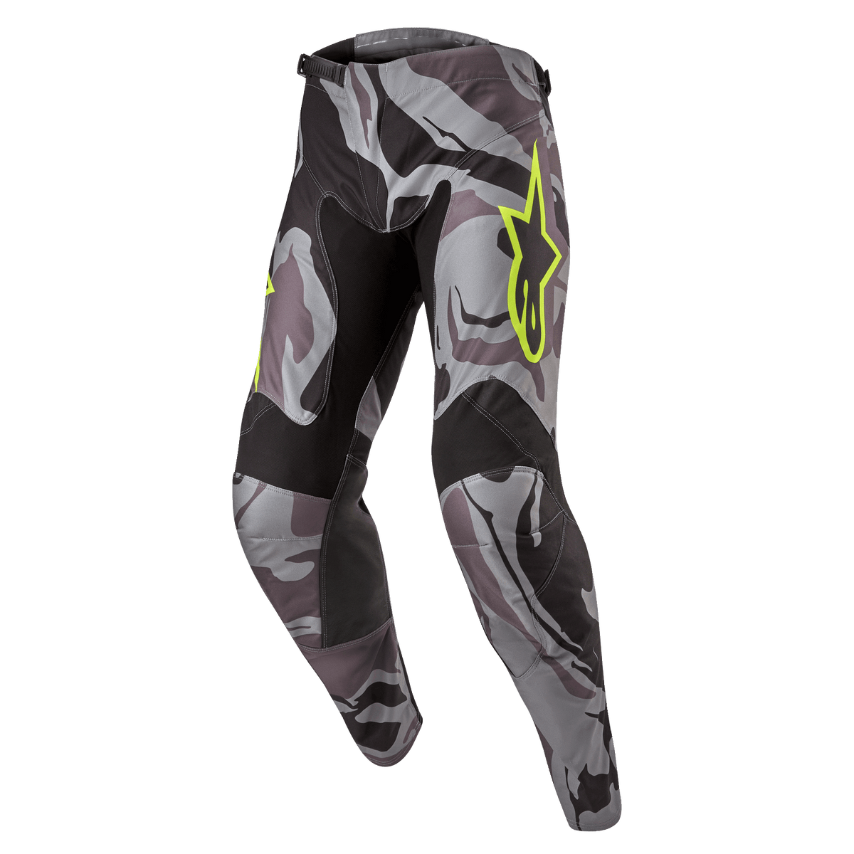 Alpinestars 2024 Racer Tactical broek, motorcrossbroek, Cast Gray Camo Magnet, grijs en zwart camouflagepatroon met neongeel Alpinestars-logo, zwarte panelen aan de binnenkant van de dijen en knieën, voorgevormde sportieve pasvorm voor off-road racen
