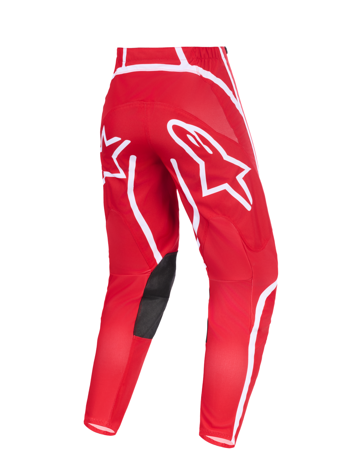 Alpinestars 2026 Fluid Apex Hose, Motocross-Hose, Rot und Weiß, Rückansicht mit markanten weißen Stern-Logos am Gesäß, schwarzen Knie-Einsätzen aus Synthetikleder und ergonomischem, vorgeformtem Design für den Offroad-Sport
