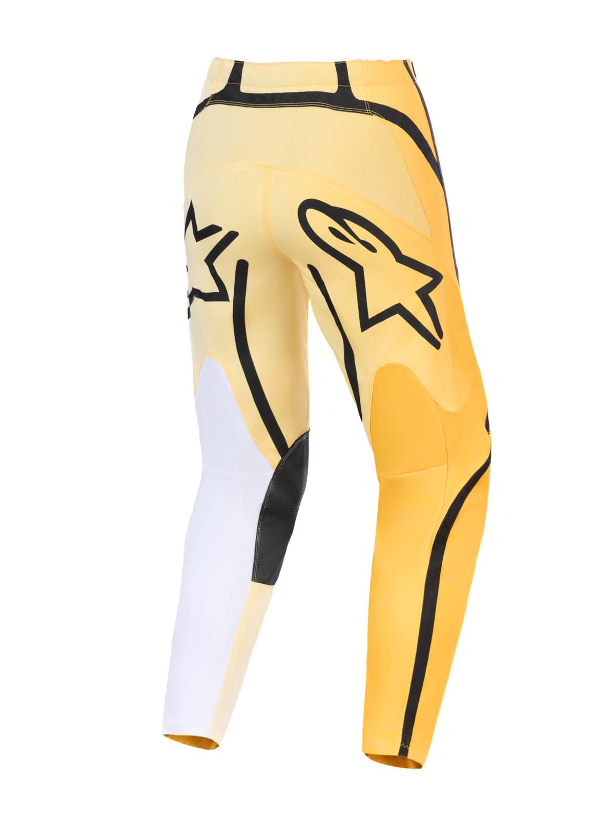 Alpinestars 2026 Fluid Apex broek, motocrossbroek, geel en zwart met witte accenten, achteraanzicht met opvallend zwart Astars-logo, asymmetrisch ontwerp met duurzame versterkte panelen en voorgevormde pasvorm.