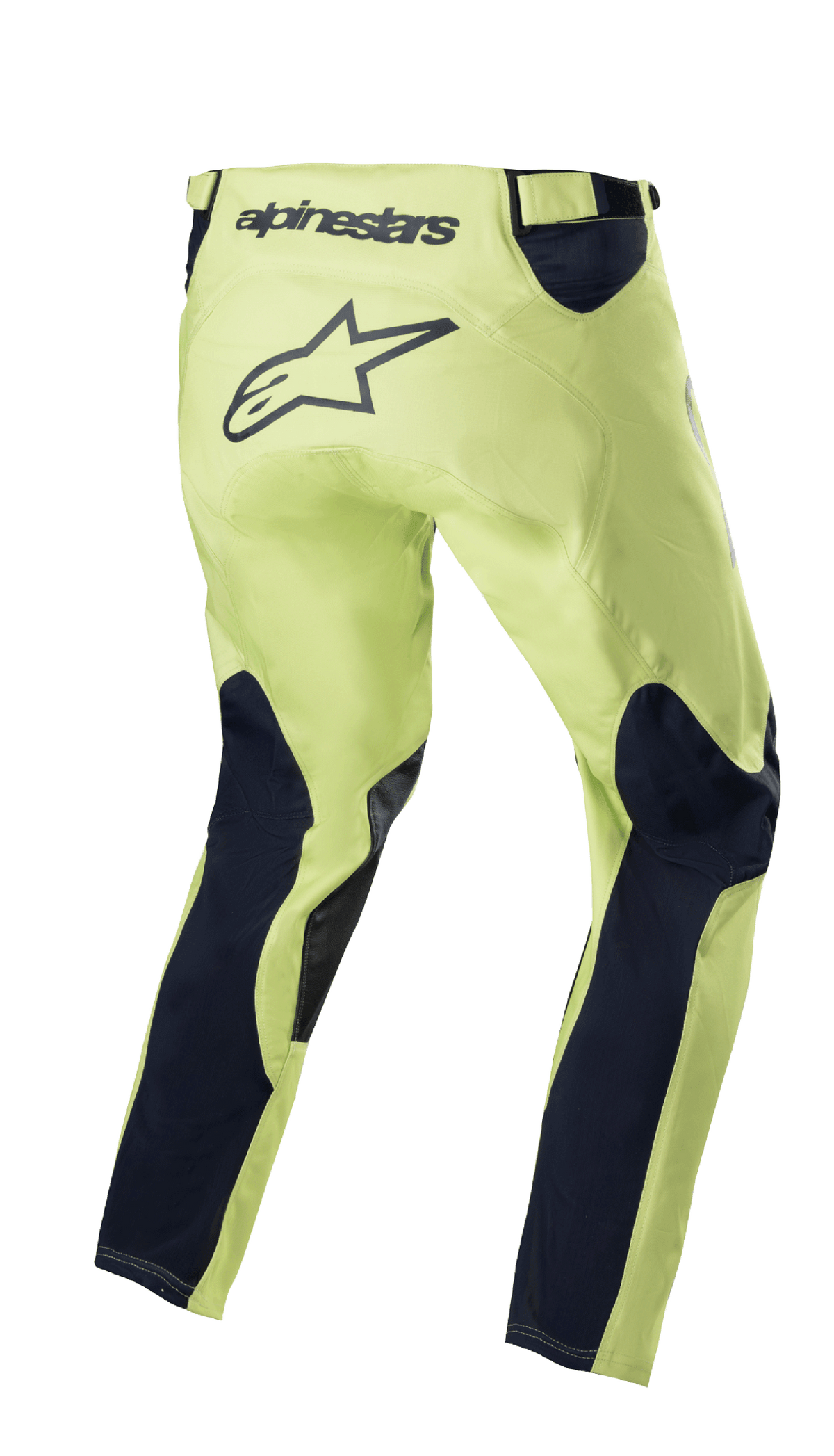 Alpinestars 2023 Racer Hoen Pants, pantalon de motocross, vert fluorite et bleu marine, vue arrière présentant un châssis vert fluo avec des empiècements de jambes bleu marine, grand logo étoile noir sur l'assise, design ergonomique pré-courbé pour la course tout-terrain
