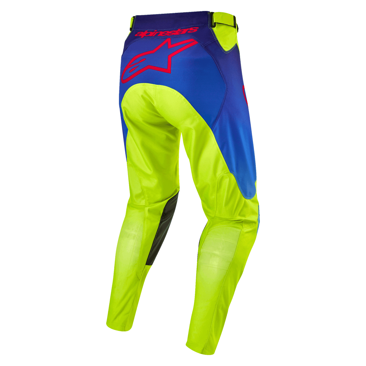 Alpinestars 2024 Racer Hoen broek, motorcrossbroek, neongeel en donkerblauw, achteraanzicht met groot rood Alpinestars sterlogo, donkere lederen kniestukken aan de binnenzijde, duurzame technische stof voor off-road racing