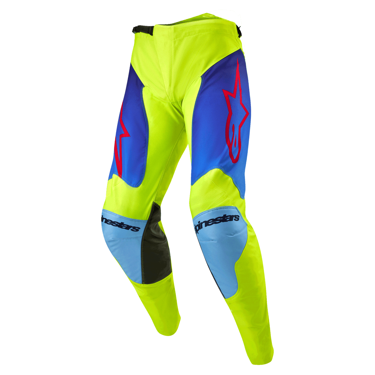Alpinestars 2024 Racer Hoen crossbroek, motorcross broek, fluor geel en Blue Night Navy, met rode sterlogo's op de dijen, lichtblauwe kniepanelen met zwarte lederen binnenverstevigingen, sportieve voorgevormde constructie voor off-road racen