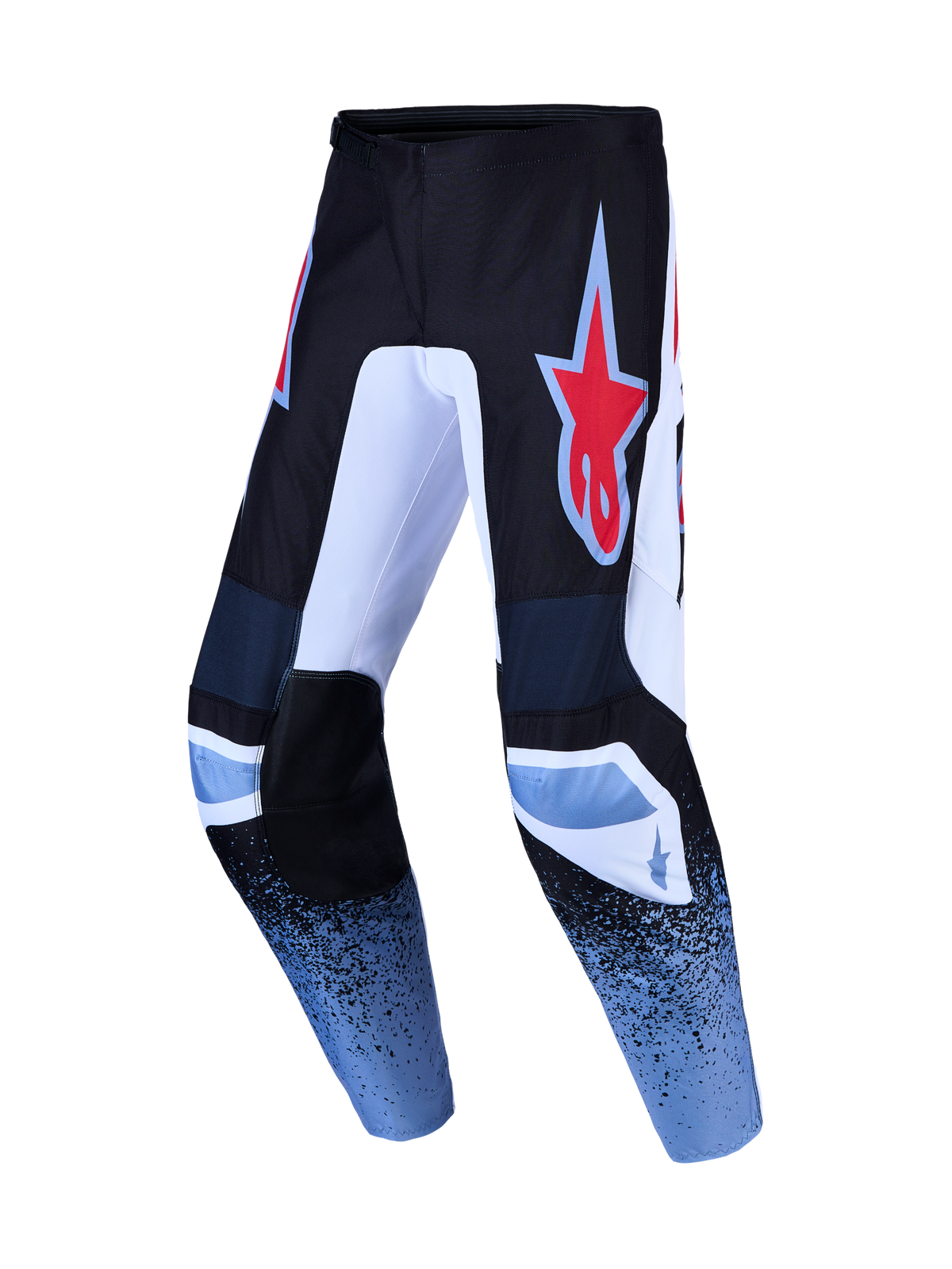 Alpinestars Fluid Drag, pantalon de motocross tout-terrain, noir et bleu avec logo étoile rouge, en poly-tissu 600D durable