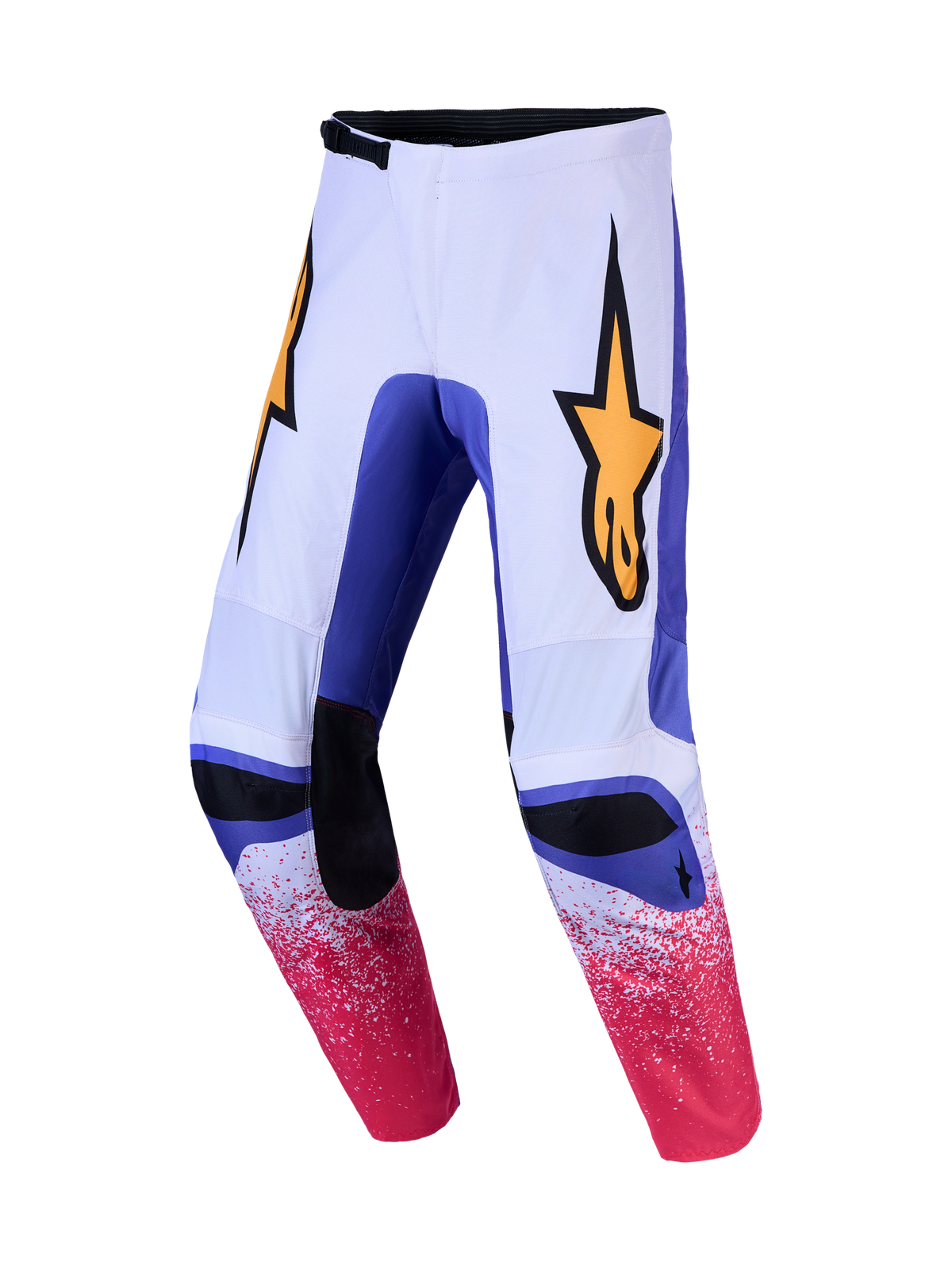 Alpinestars pantalon Fluid Drag, pantalon de motocross pour homme, lilas clair et bleu iris, logos dorés, jambes pré-courbées.