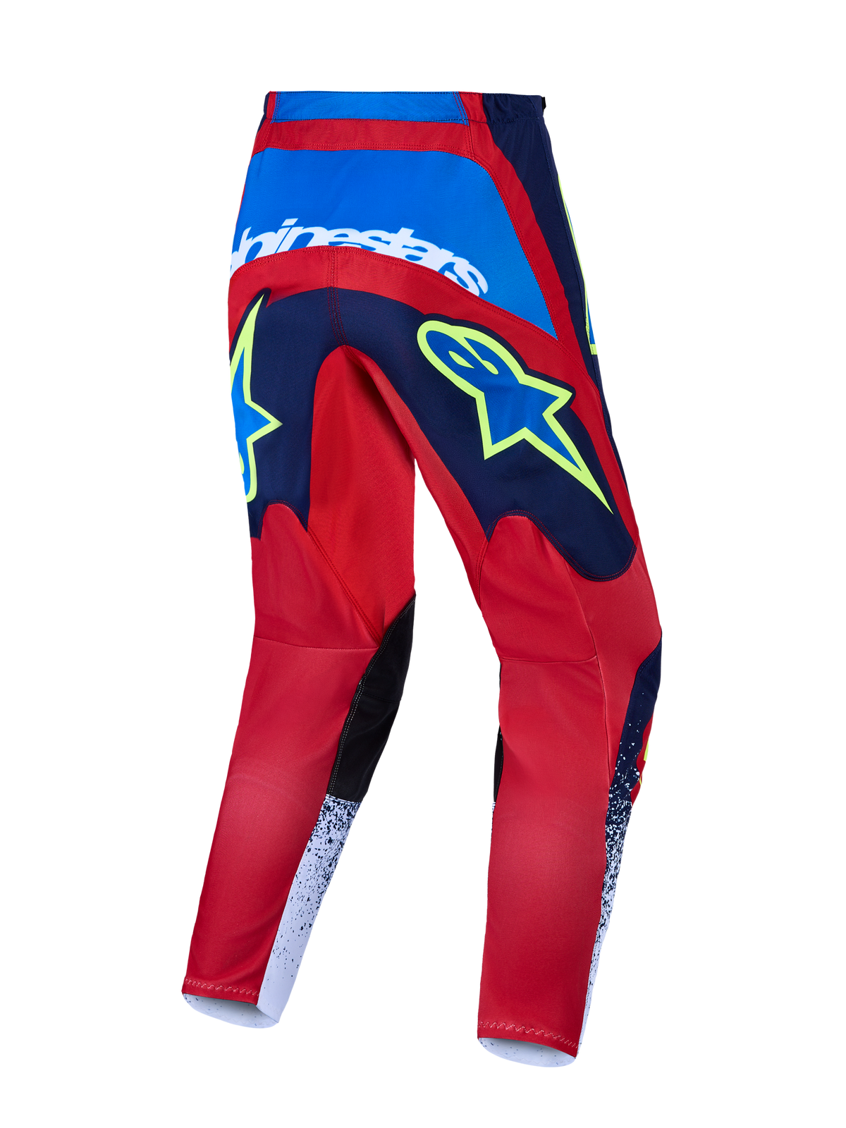 Alpinestars 2027 Fluid Drag motocrossbroek in rood en blauw met opvallende gele graphics en een versterkt zitvlak.