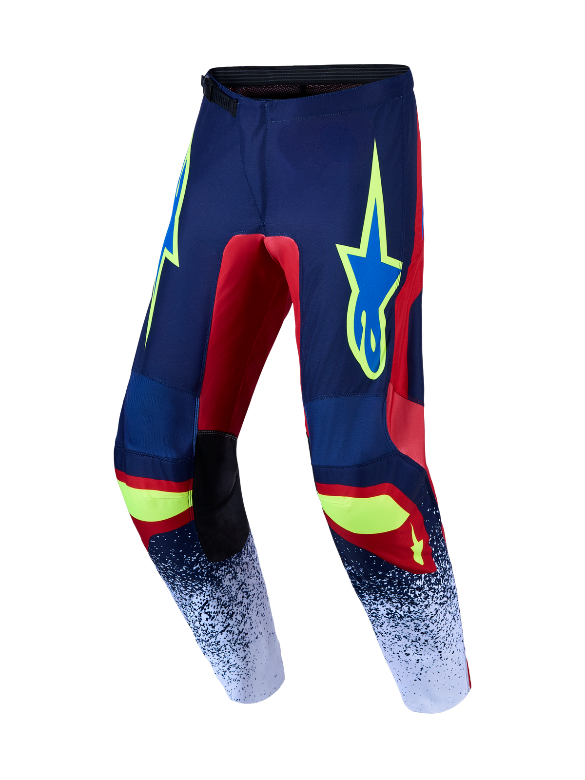Alpinestars 2027 Fluid Drag motocrossbroek, marineblauw en rood met neongele accenten, off-road motorbroek van polyfabric.