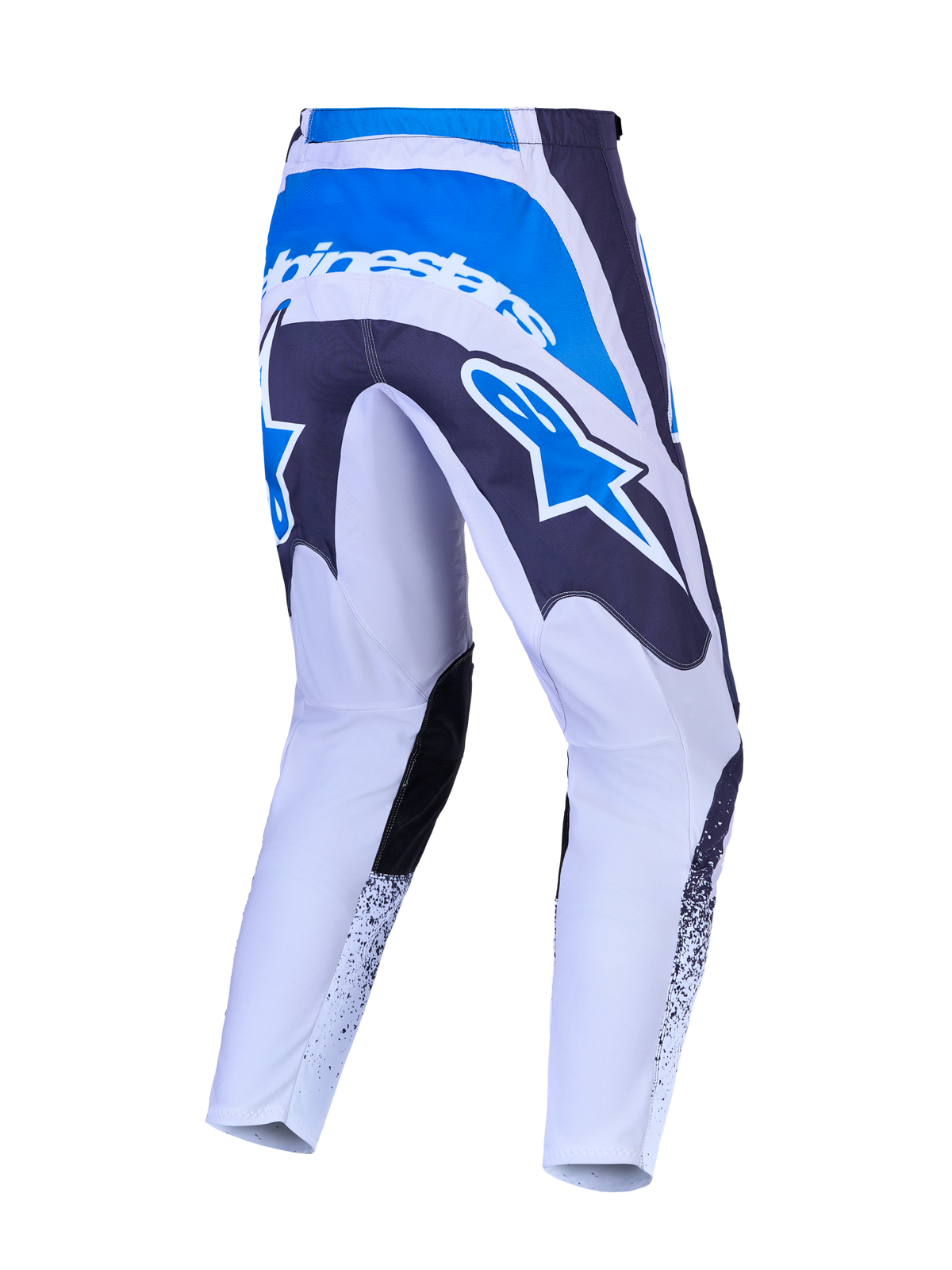 Pantalon Alpinestars Fluid Drag, pantalon de motocross gris et bleu avec siège renforcé et grand logo étoile à l'arrière.