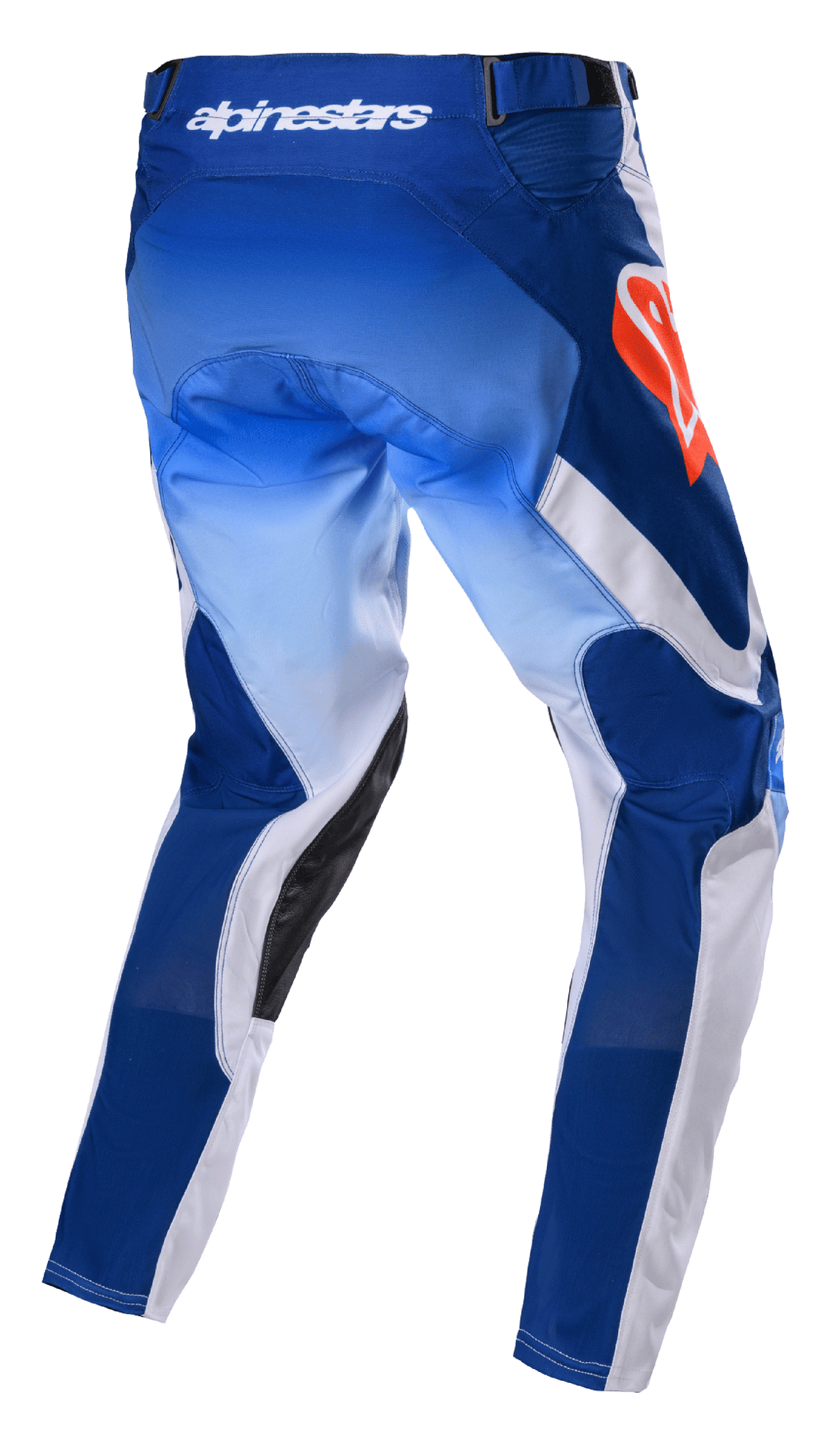 Alpinestars 2023 Racer Semi Pants, pantalon de motocross, bleu et orange vif, vue arrière montrant des panneaux bleus en dégradé et blancs, logo Alpinestars orange vif sur la hanche, renforts en cuir noir à l'intérieur des jambes, conception technique pour la course tout-terrain