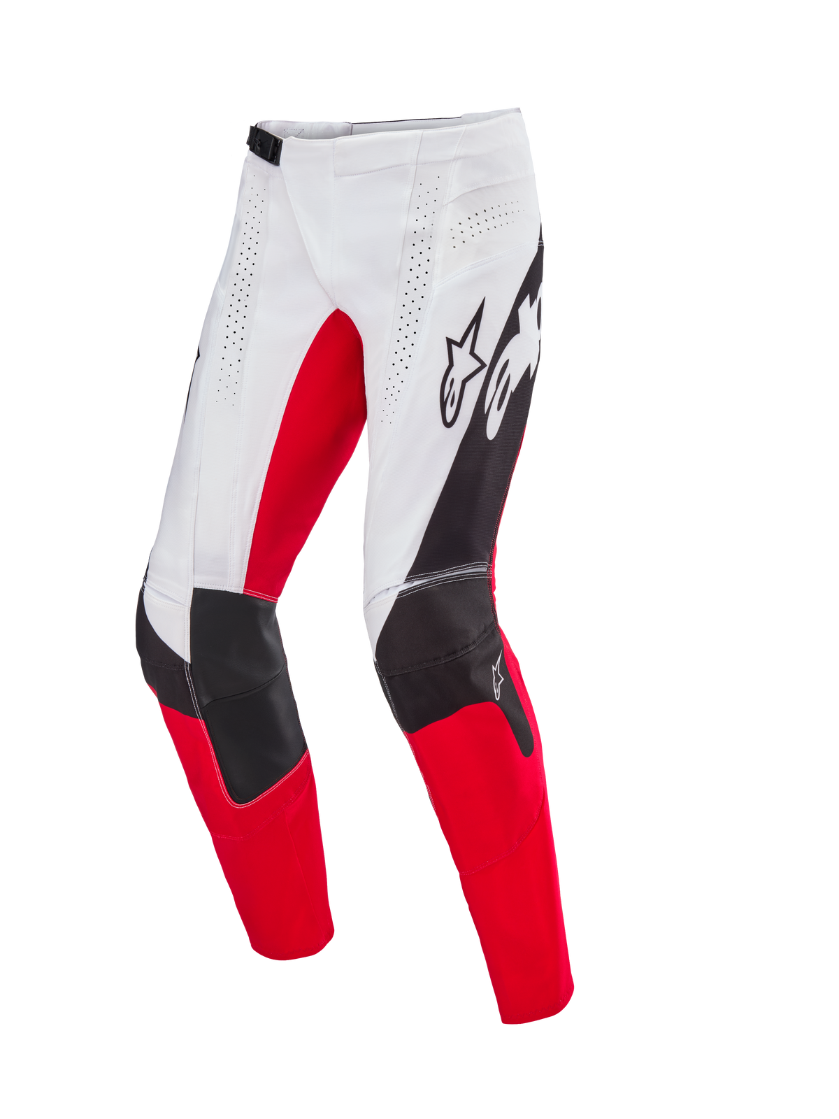 Alpinestars Techstar Deep Édition Limitée, pantalon de motocross, blanc, noir et rouge vif, doté de ventilations perforées au laser, d'une construction de genou 3D Babel avec panneaux renforcés et d'un marquage Alpinestars distinctif sur les cuisses, conçu pour la performance tout-terrain professionnelle