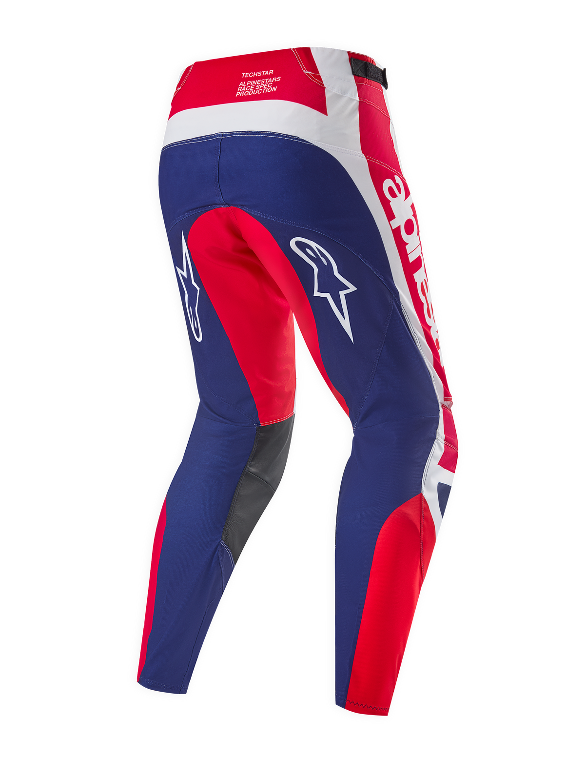 Alpinestars Limited Edition Techstar Fortitude broek, motorcross broek, felrood met wit en blauw, achteraanzicht met focus op ergonomische racepanelen, witte Alpinestars-logo's en donkergrijze binnenkniepanelen.