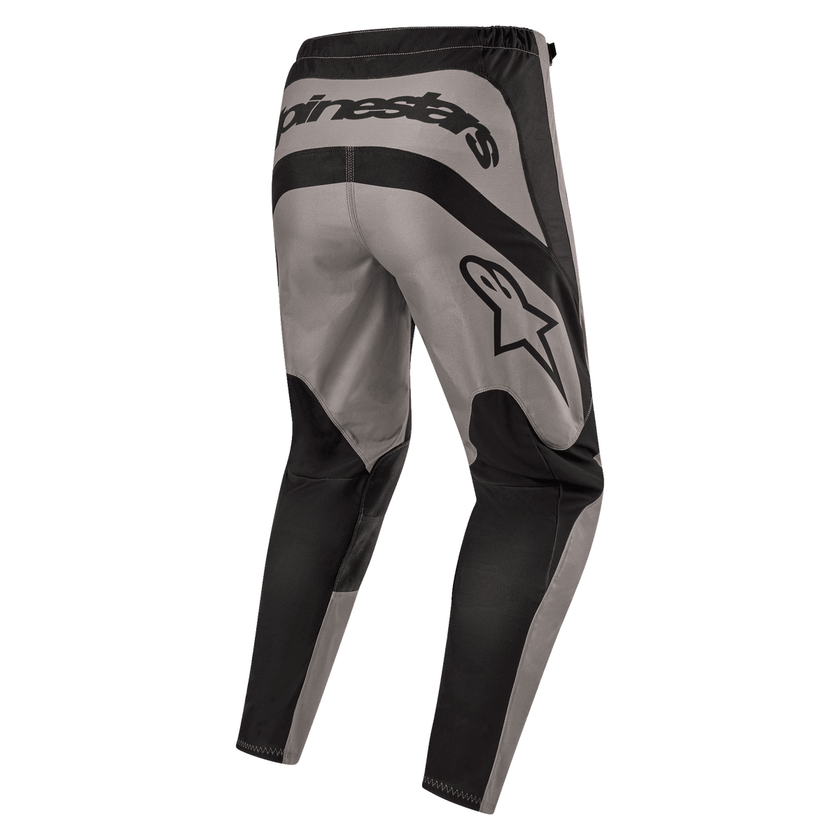 Alpinestars 2024 Fluid Lurv Hose, Motocross-Hose, Mud Black (Schwarz), Rückansicht mit markantem Alpinestars-Schriftzug auf der Rückseite und Stern-Logo auf dem rechten Oberschenkel, grau-schwarzes Panel-Design aus strapazierfähigem 600D Poly-Gewebe für Offroad-Fahrten