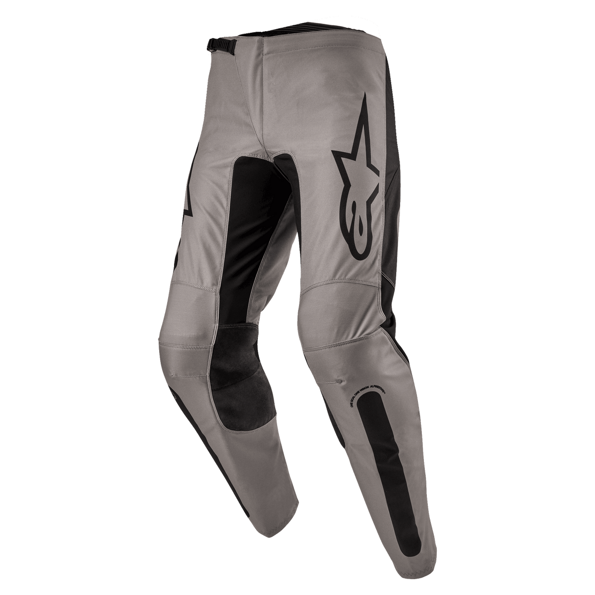 Alpinestars 2024 Fluid Lurv Hose, Motocross-Hose, Mud Black, mit grau-beigem Hauptchassis und schwarzen Stretch-Einsätzen an den Beininnenseiten und Knien, markantes schwarzes Alpinestars-Logo auf dem Oberschenkel, ergonomisches vorgeformtes Design für den Offroad-Sport