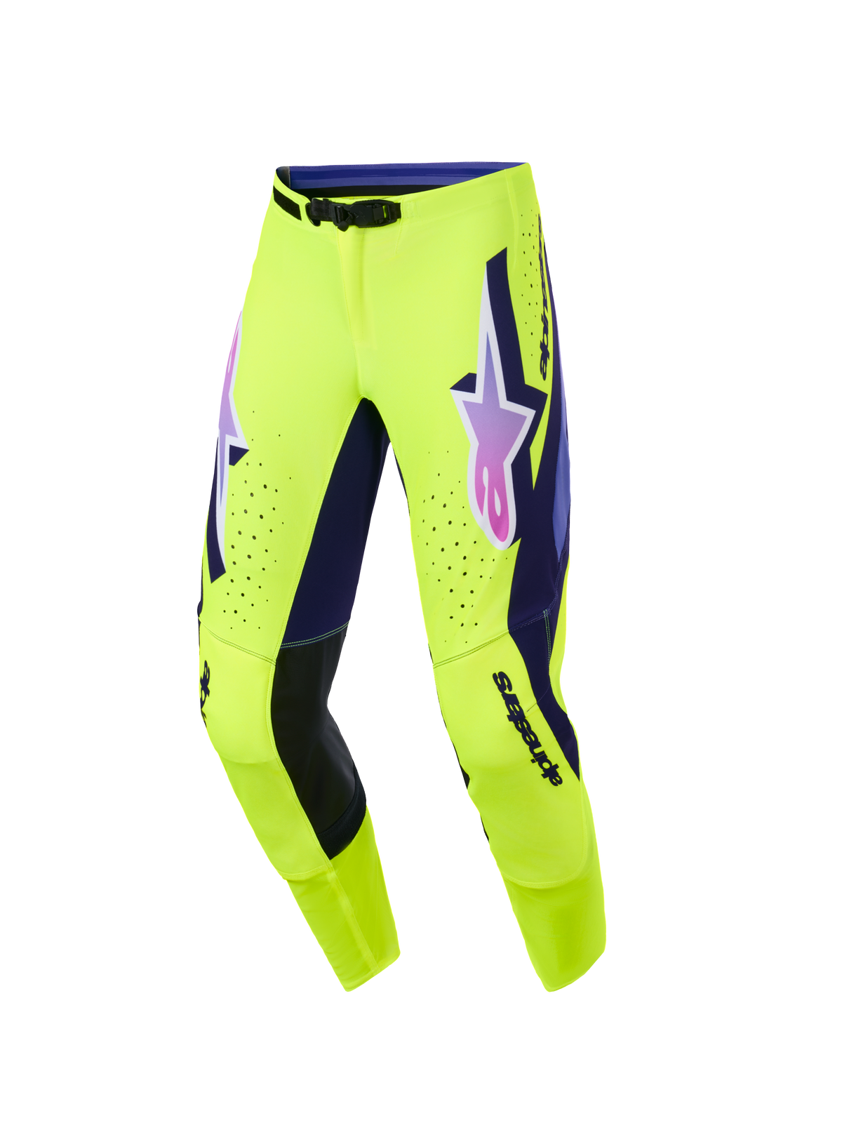 Alpinestars 2026 Supertech Vista Pants, Motocross Pants, Bright Yellow with Purple and Black accents, featuring a pink and purple gradient Alpinestars logo on the thighs, laser-cut perforations for ventilation, and an athletic race-fit design for off-road performance.
