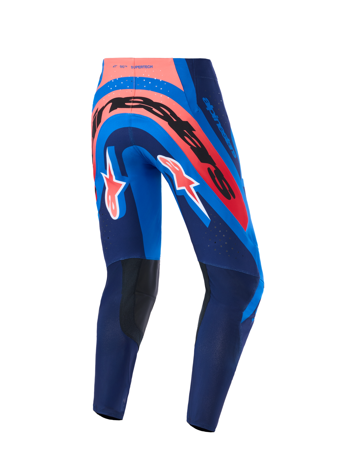 Alpinestars 2026 Supertech Vista Pants, Motocross Pants, Dark Navy Hot Coral and Cobalt, back view with bold branding across the seat and A-star logos on legs, featuring dark reinforced inner knee panels and laser-cut perforations for airflow