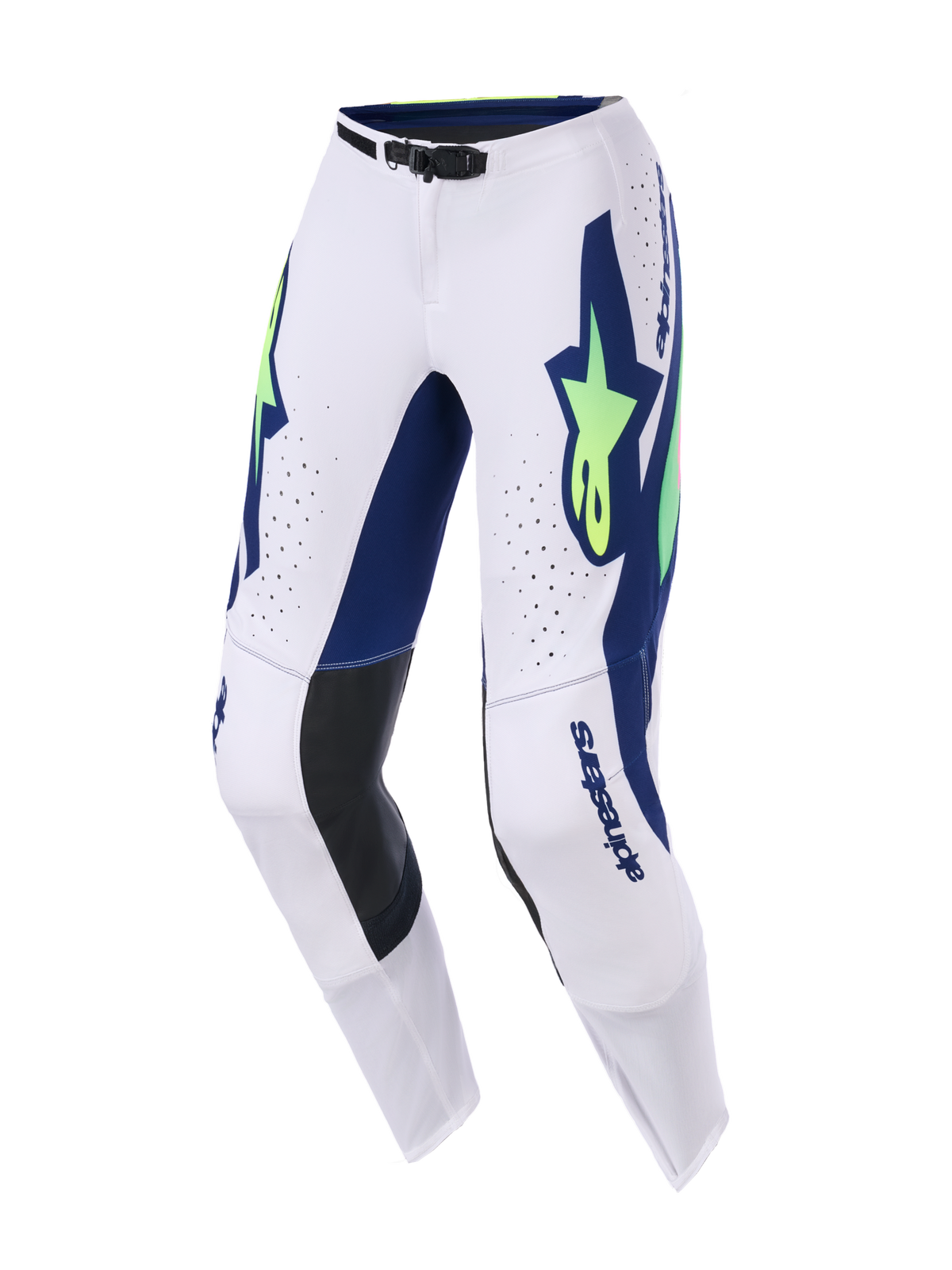 Alpinestars 2026 Supertech Vista crossbroek, motorcross broek, lichtgrijs met opvallende blauwe graphics en neongele sterlogo's, zwarte lederen panelen aan de binnenzijde van de knieën, lasergesneden ventilatiegaten en een gestroomlijnde atletische pasvorm voor off-road prestaties.