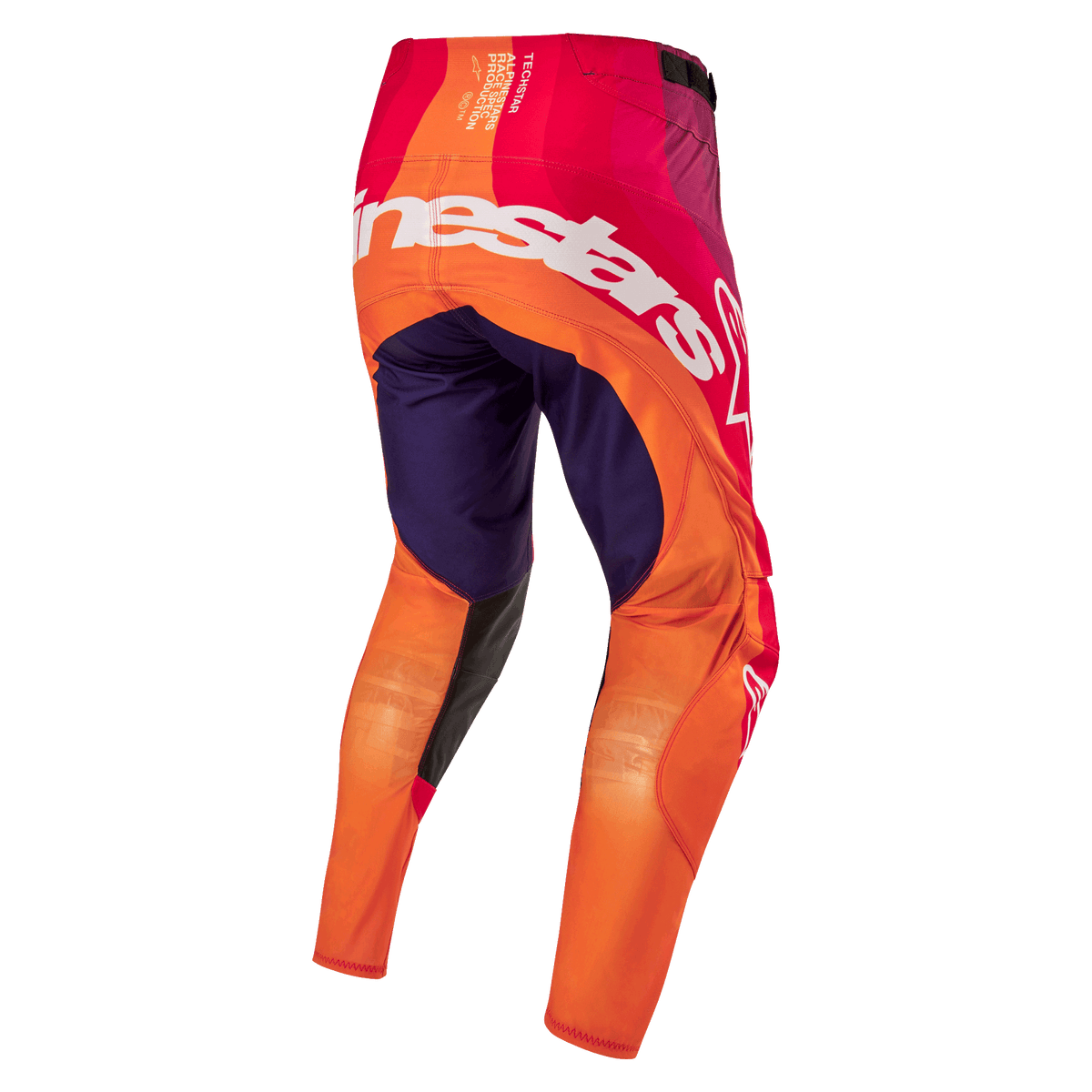 Alpinestars 2024 Techstar Pneuma Hose, Motocross-Hose, Deep Purple, Orange und Deep Blue, Rückansicht, strapazierfähiges Material, renninspirierte Passform, Profi-Ausrüstung für Motocross.