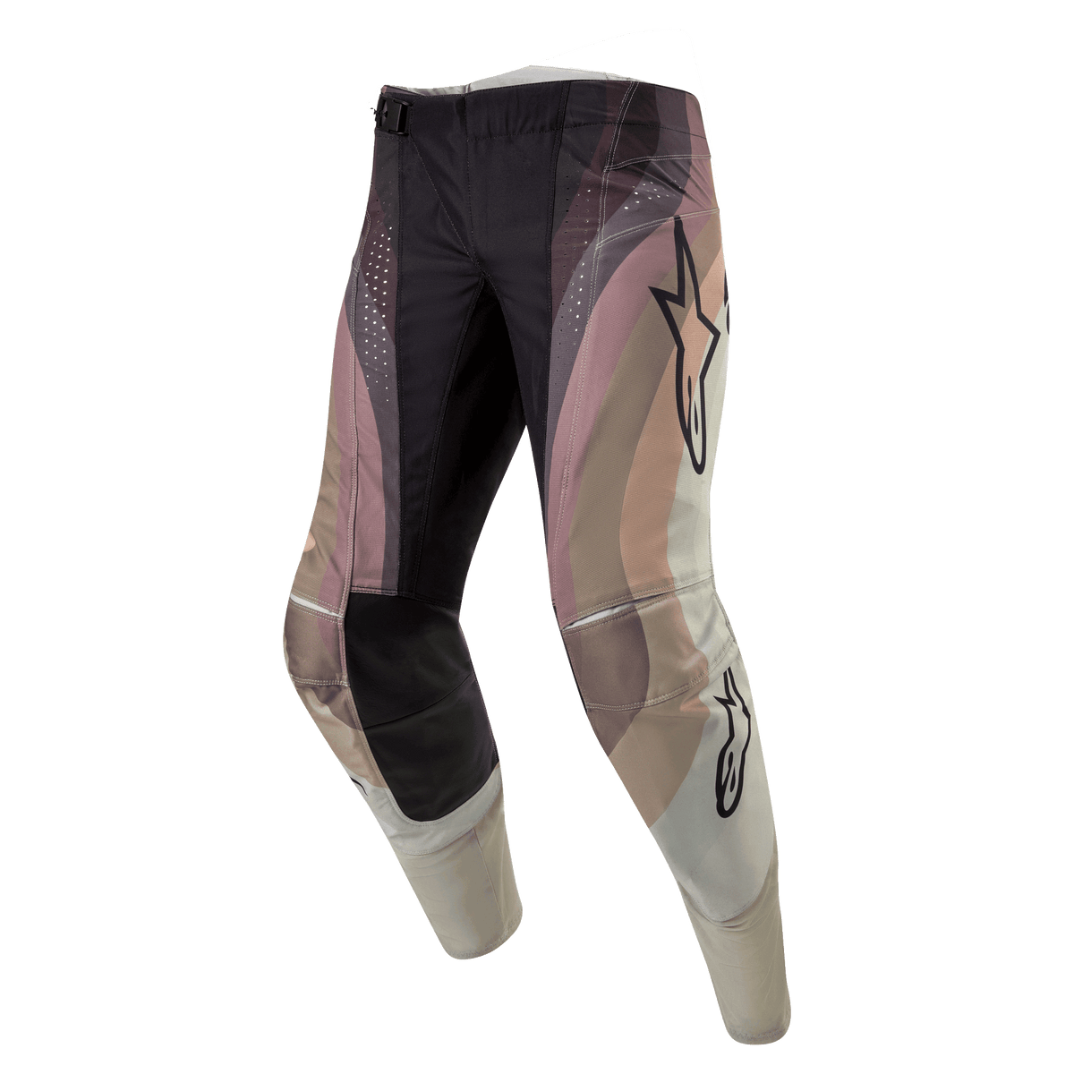 Alpinestars 2024 Techstar Pneuma Pants, Motocross Pants, Dark Sand, Iron Dust, and Gray, featuring a wavy color-blocked design with Alpinestars star logos, black reinforced knee panels and laser-cut perforations, durable off-road racing gear