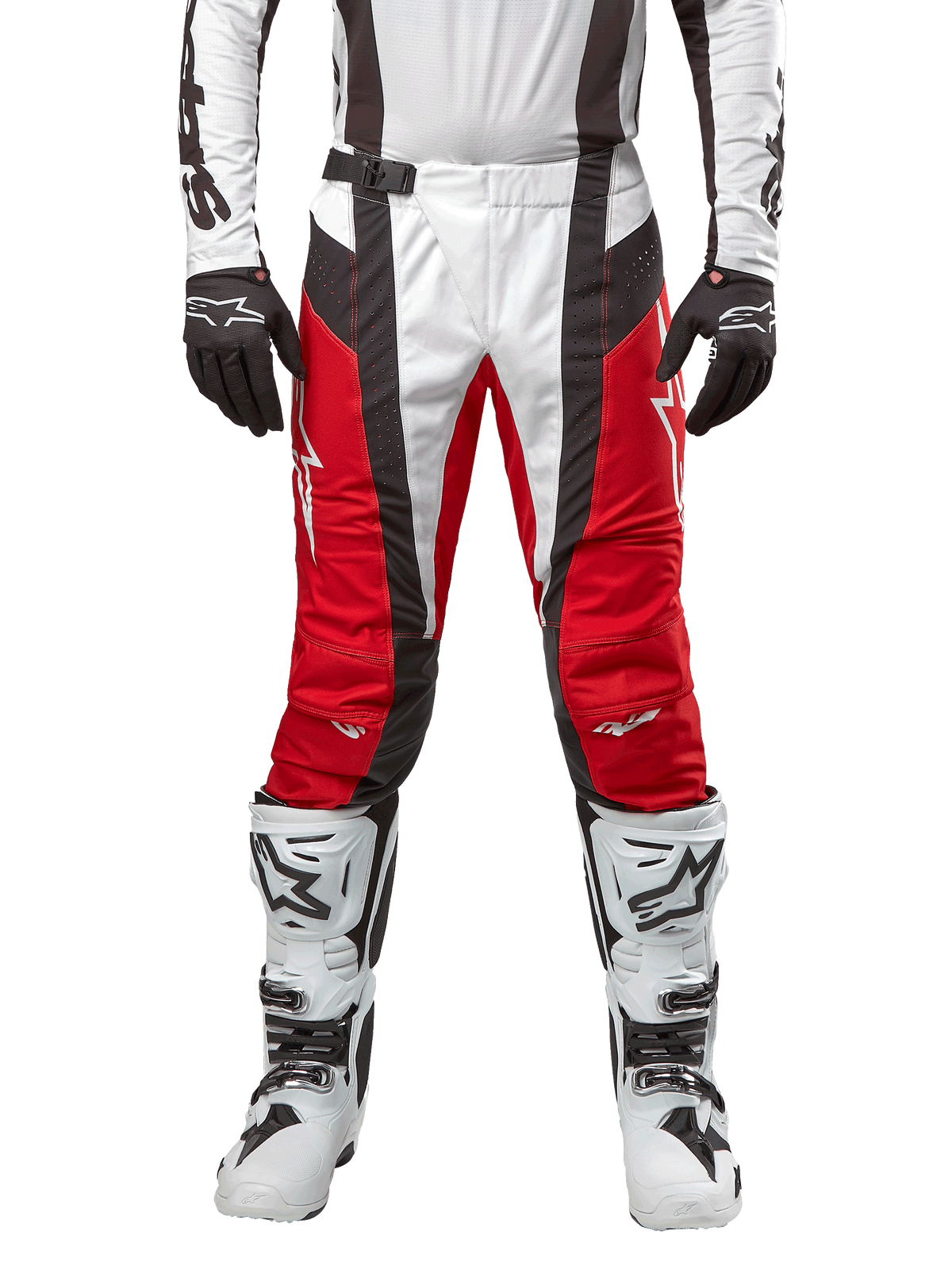 Alpinestars 2024 Techstar Ocuri Pants, Motocross Pants, Mars Red White and Black, front view worn with matching white jersey, black gloves and white boots, featuring breathable perforated panels and a racing-inspired cut for off-road performance.