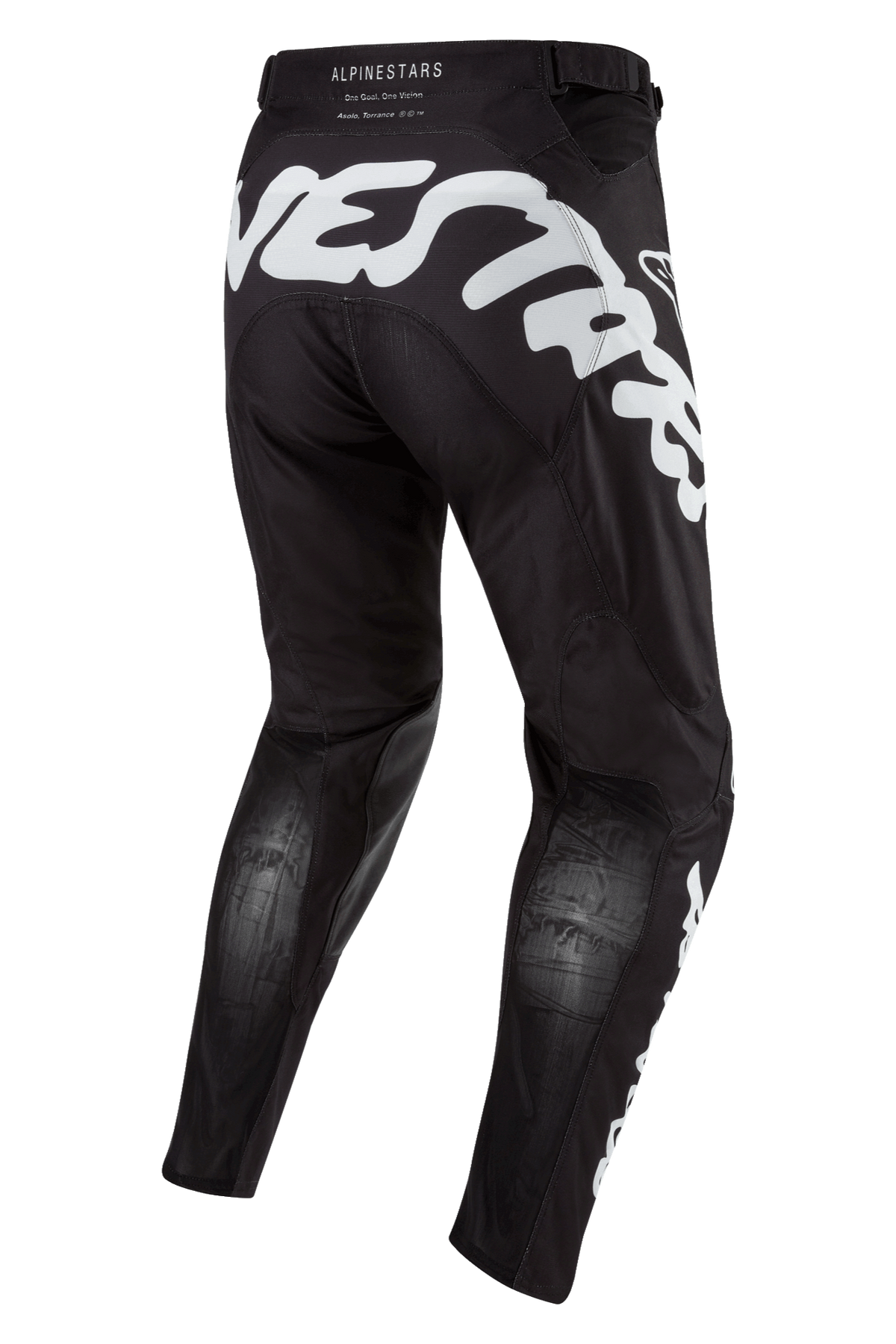 Alpinestars 2024 Racer Hana Hose, Motocross-Hose in Schwarz und Weiß, Rückansicht mit markantem weißem Logo-Schriftzug, atmungsaktive Stretchnet-Zonen an den Waden, ergonomische Offroad-Rennausrüstung