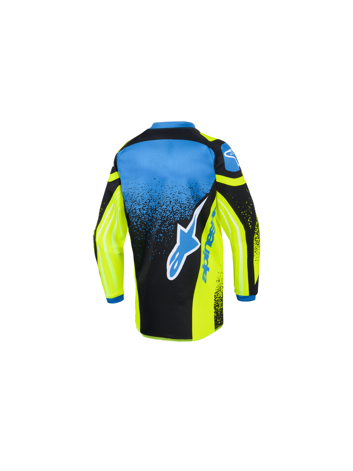 Alpinestars 2026 Kids Racer Nomur Jersey, motocross shirt, geel, blauw en zwart, achteraanzicht met een groot blauw en wit sterlogo, gespikkeld verloop-patroon en verlengde achterzoom voor off-road racen