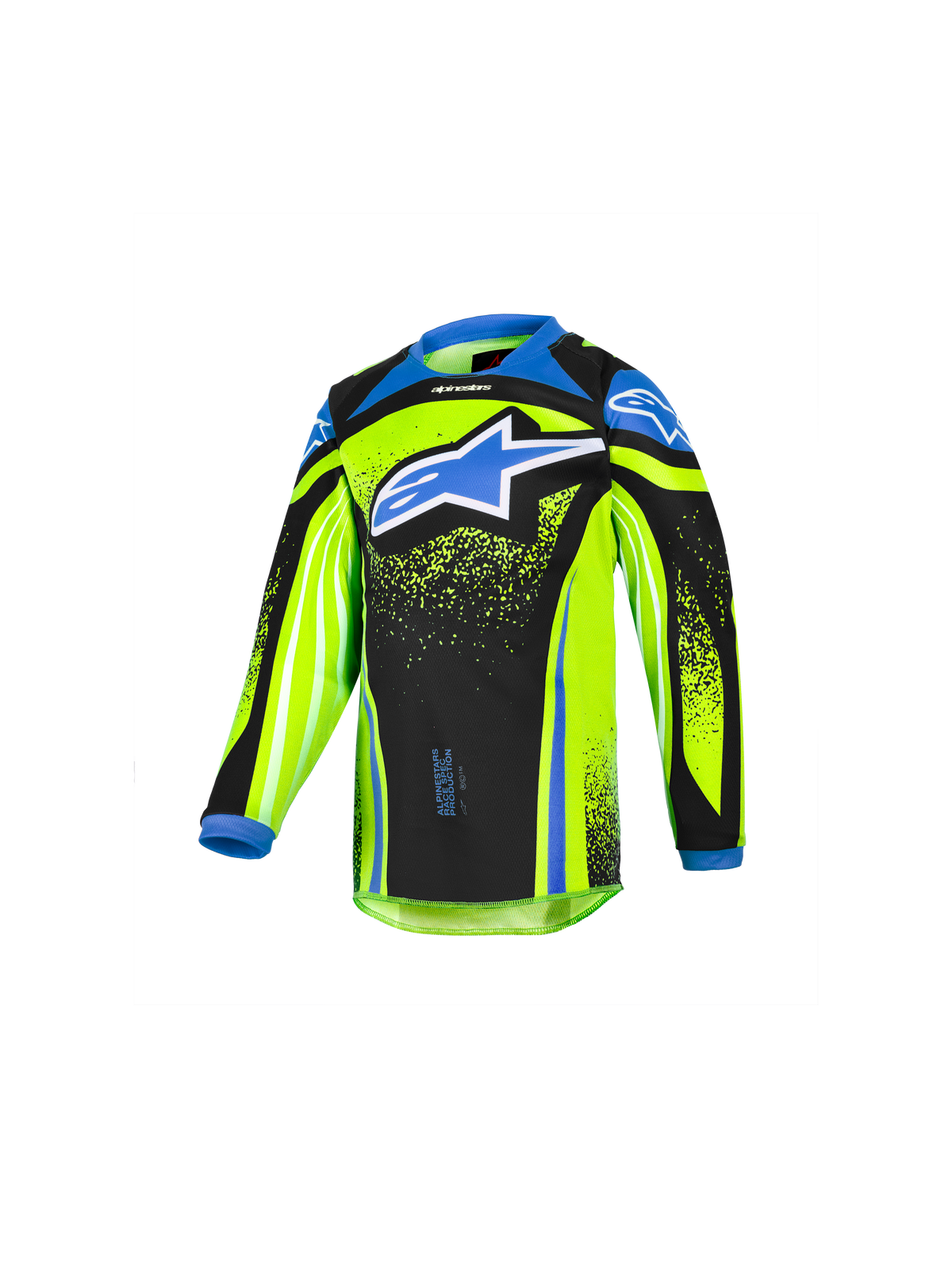 Alpinestars 2026 Kids Racer Nomur Jersey, kinder motocross shirt met lange mouwen, felgeel en zwart met blauwe accenten, groot blauw sterlogo op de borst, lichtgewicht vochtafvoerende technische stof voor off-road rijden