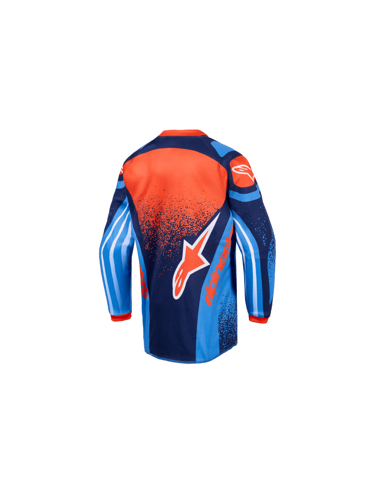 Alpinestars 2026 Kids Racer Nomur Jersey, maillot de motocross, bleu marine foncé, orange et bleu UCLA, vue arrière, doté d'un grand logo Alpinestars, d'un panneau arrière allongé et de manches aux graphismes éclatants pour la performance tout-terrain junior.