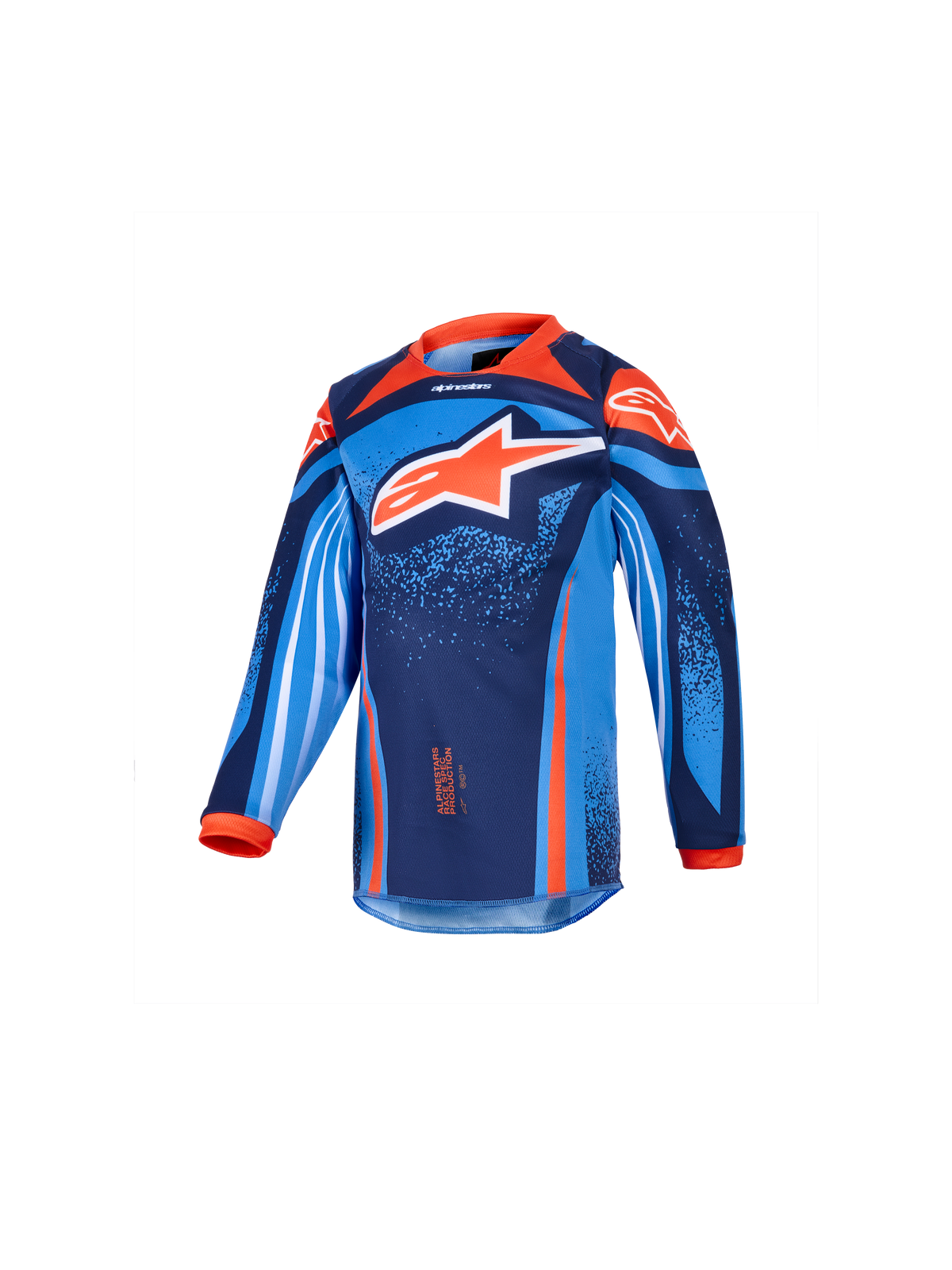 Alpinestars 2026 Kids Racer Nomur Jersey, maillot de motocross à manches longues pour enfant, bleu marine, orange et bleu UCLA, avec un grand logo étoile blanc et orange, graphismes géométriques et mouchetés vibrants, col et poignets orange, tissu technique de performance pour le motocross junior