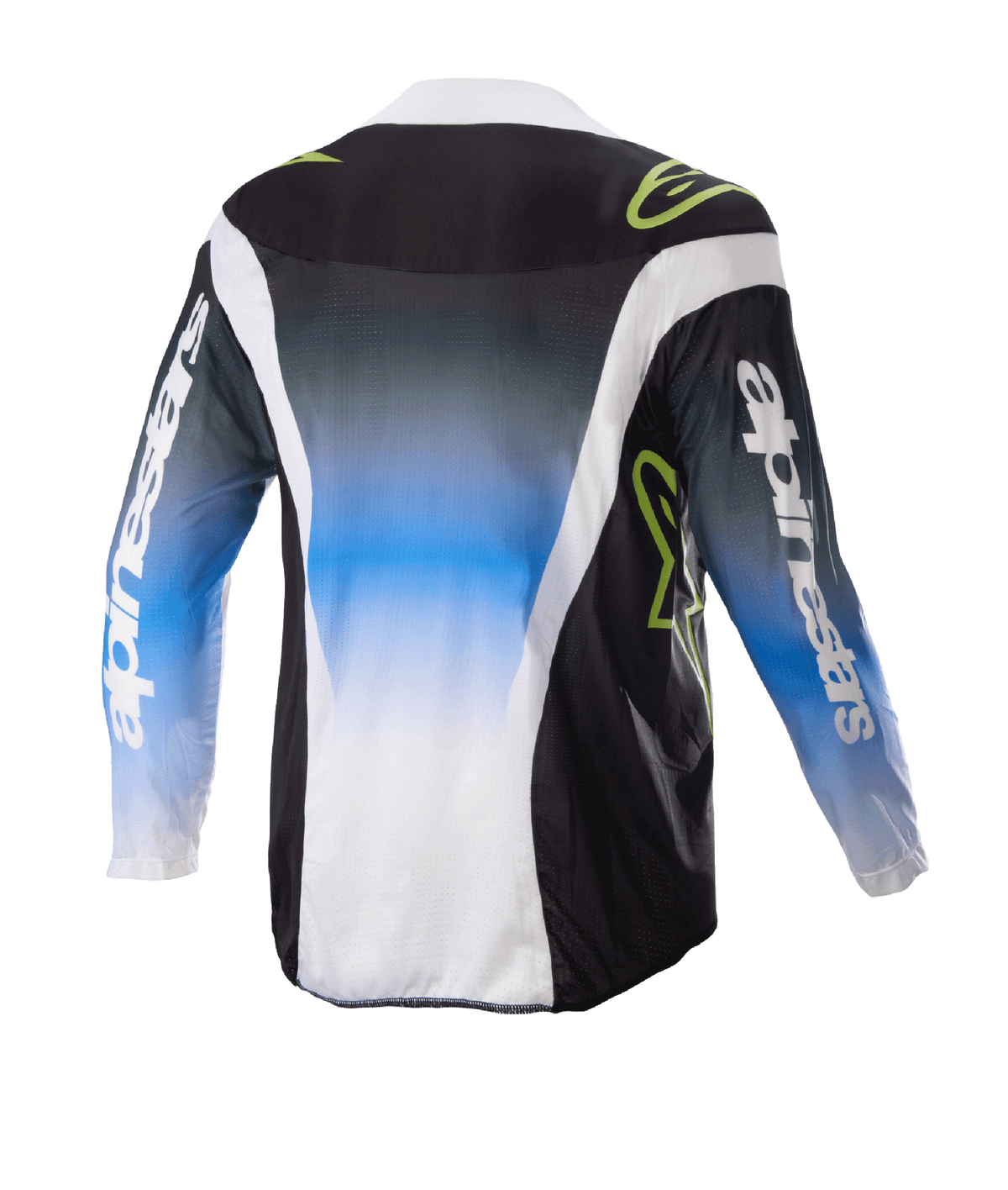 Alpinestars Kinder 2023 Racer Push Trikot, Motocross-Trikot, Nightlife UCLA Blau, Weiß und Schwarz, Rückansicht mit einem blau-weißen Farbverlauf in der Mitte, neongrünen Logos und weißen Seitenakzenten, langärmelige Offroad-Fahrbekleidung