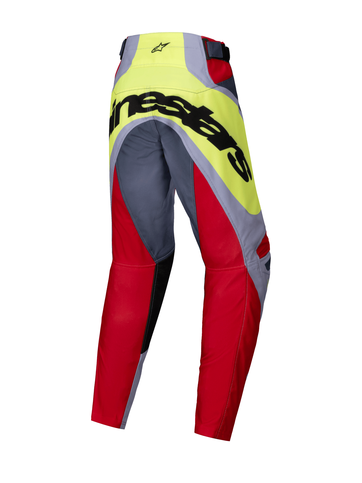 Alpinestars 2025 Youth Racer Melt broek, motorcross broek, helderrood en grijs met neongeel, achteraanzicht met groot zwart Alpinestars-logo op het zitvlak, voorgevormd ontwerp voor off-road prestaties
