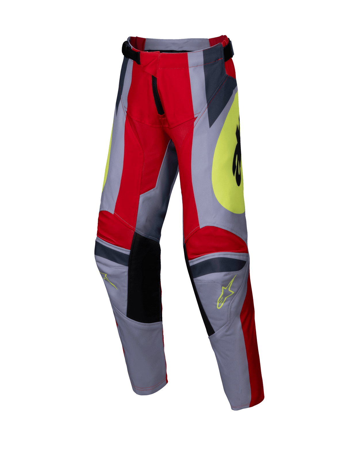 Alpinestars 2025 Youth Racer Melt Hose, Jugend-Motocross-Hose, Hellrot und Grau mit gelben Akzenten, mit schwarzen verstärkten Kniepaneelen, markanten eckigen Grafiken und Astars-Logos, strapazierfähiges Design für Offroad-Rennen