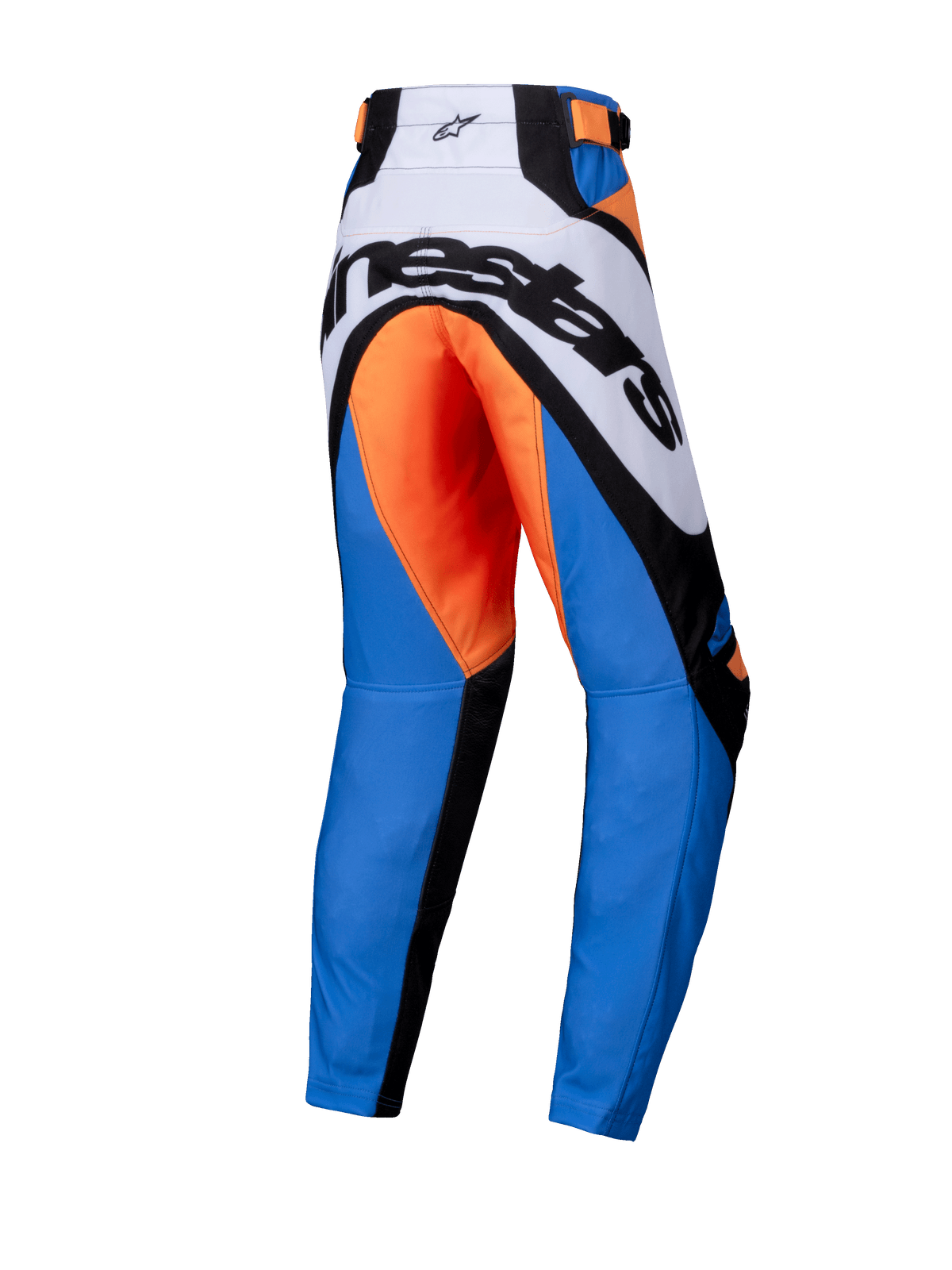 Alpinestars 2025 Youth Racer Melt Pants, Motocross Pants, Orange and Blue, rear view featuring bold black Alpinestars branding on white yoke, orange seat area, blue legs, and black reinforced panels, ergonomic design for off-road racing