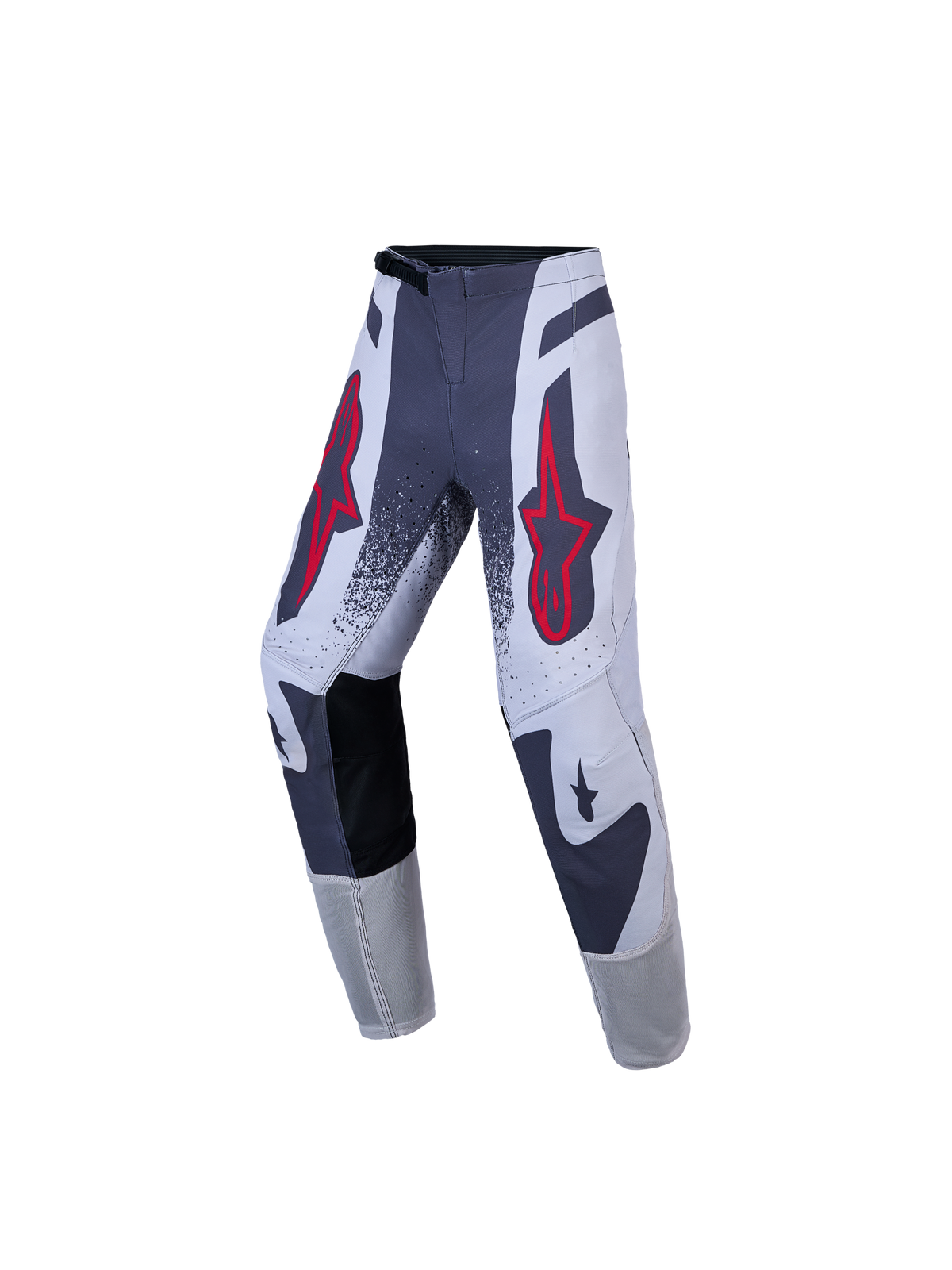 Alpinestars Junior Supertech Swan, pantalon de motocross gris et blanc avec logos rouges, en tissu ripstop extensible.