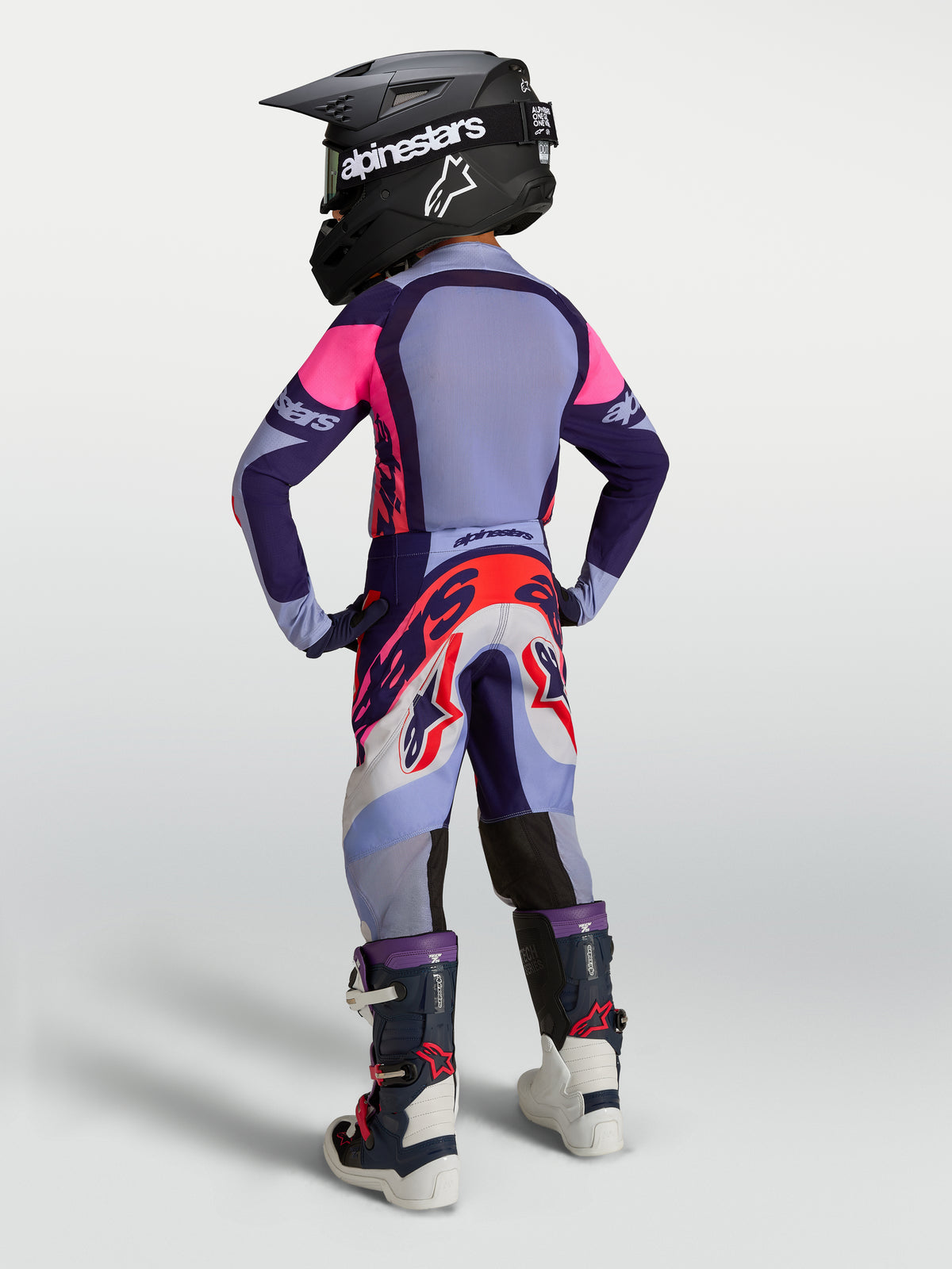 Alpinestars Youth Supertech Dyna Pants, Motocross Racing Gear, Purple and Pink Fluo, durable stretch fabric for young riders.