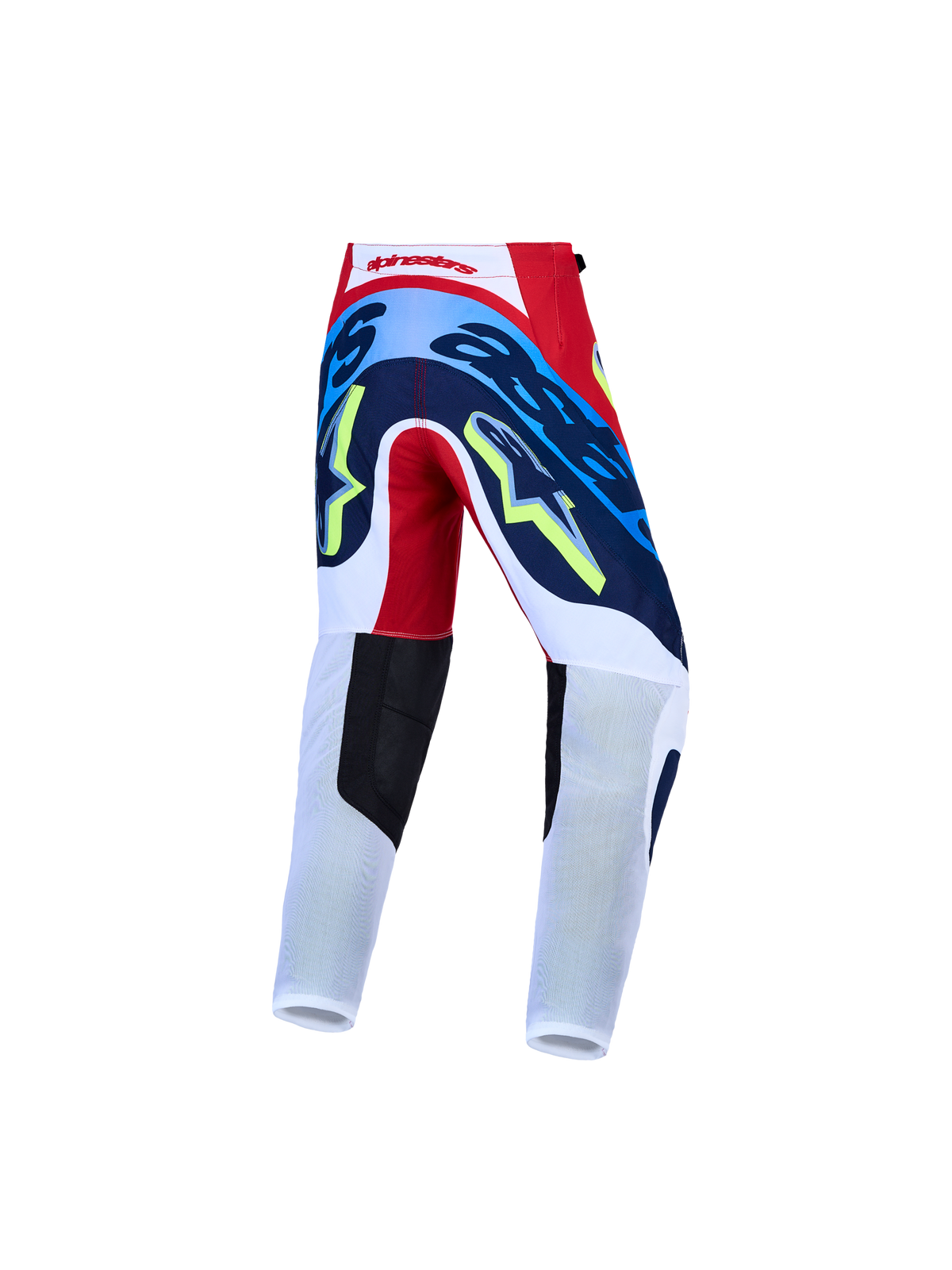 Pantalon Supertech Dyna Junior d'Alpinestars, équipement de motocross racing, rouge, blanc et bleu marine, vue de dos.