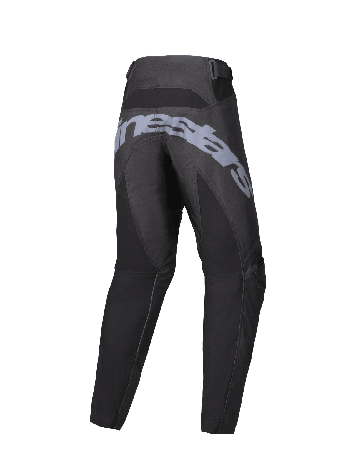 Alpinestars Pantalon Racer Graphite Junior 2025, pantalon de motocross, noir et gris, vue arrière avec large marquage gris sur l'assise, construction ergonomique pré-cintrée et sangles de réglage à la taille pour la conduite tout-terrain