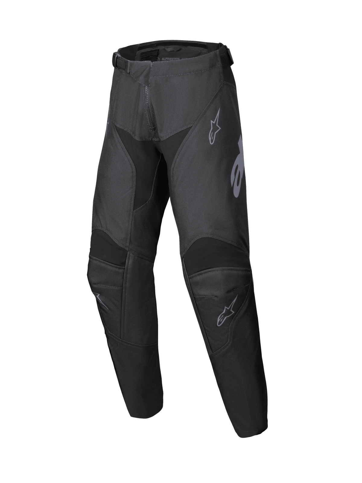 Alpinestars 2025 Youth Racer Graphite Pants, pantalon de motocross noir et gris, équipement de pilotage tout-terrain pour jeunes avec zones de genoux renforcées et logos gris discrets, design ergonomique durable